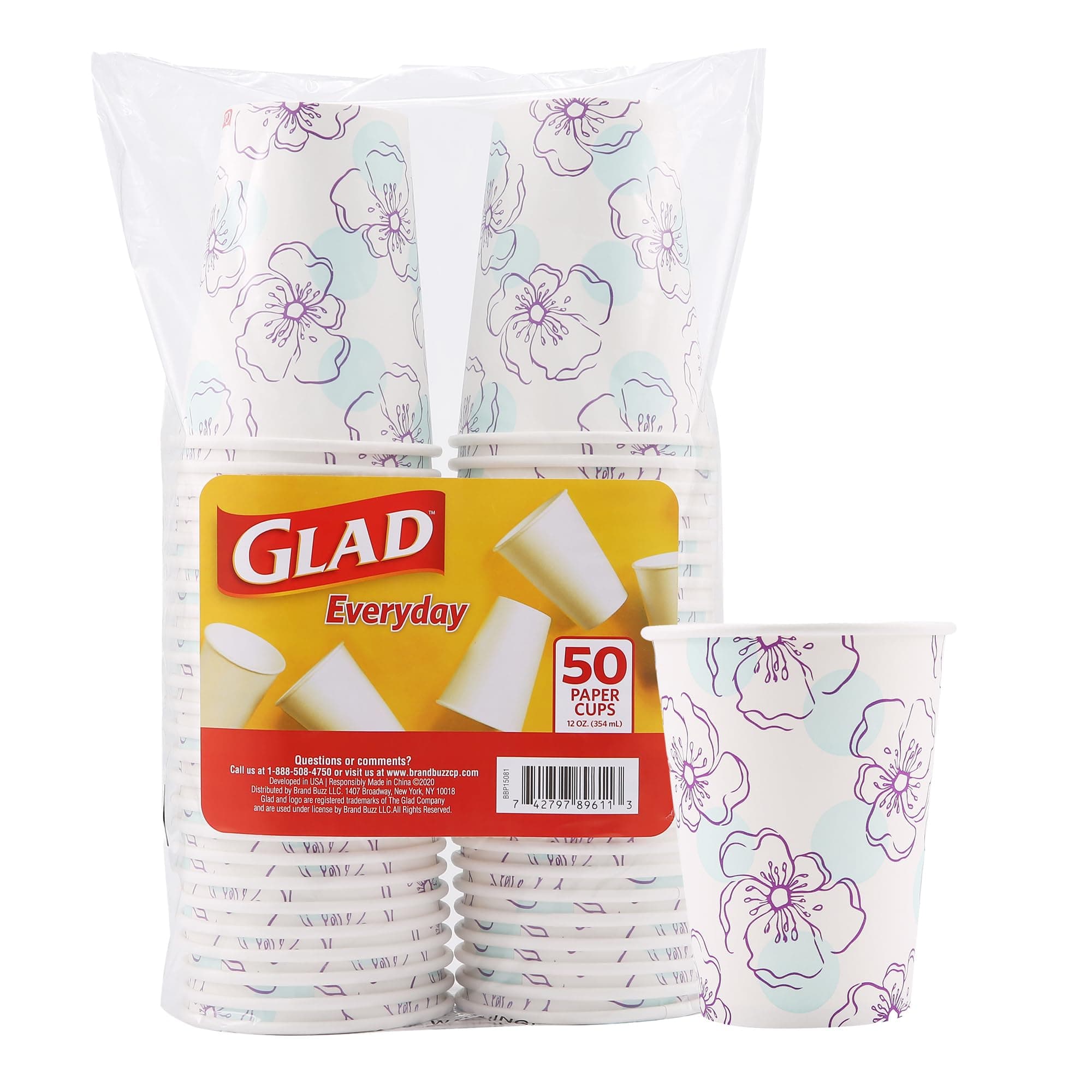 Glad Everyday Disposable Paper Cups, Blue Flower Pattern - Heavy Duty Drinking Cup for All Beverages and Every Day Use, 12 Ounce, 50 Count