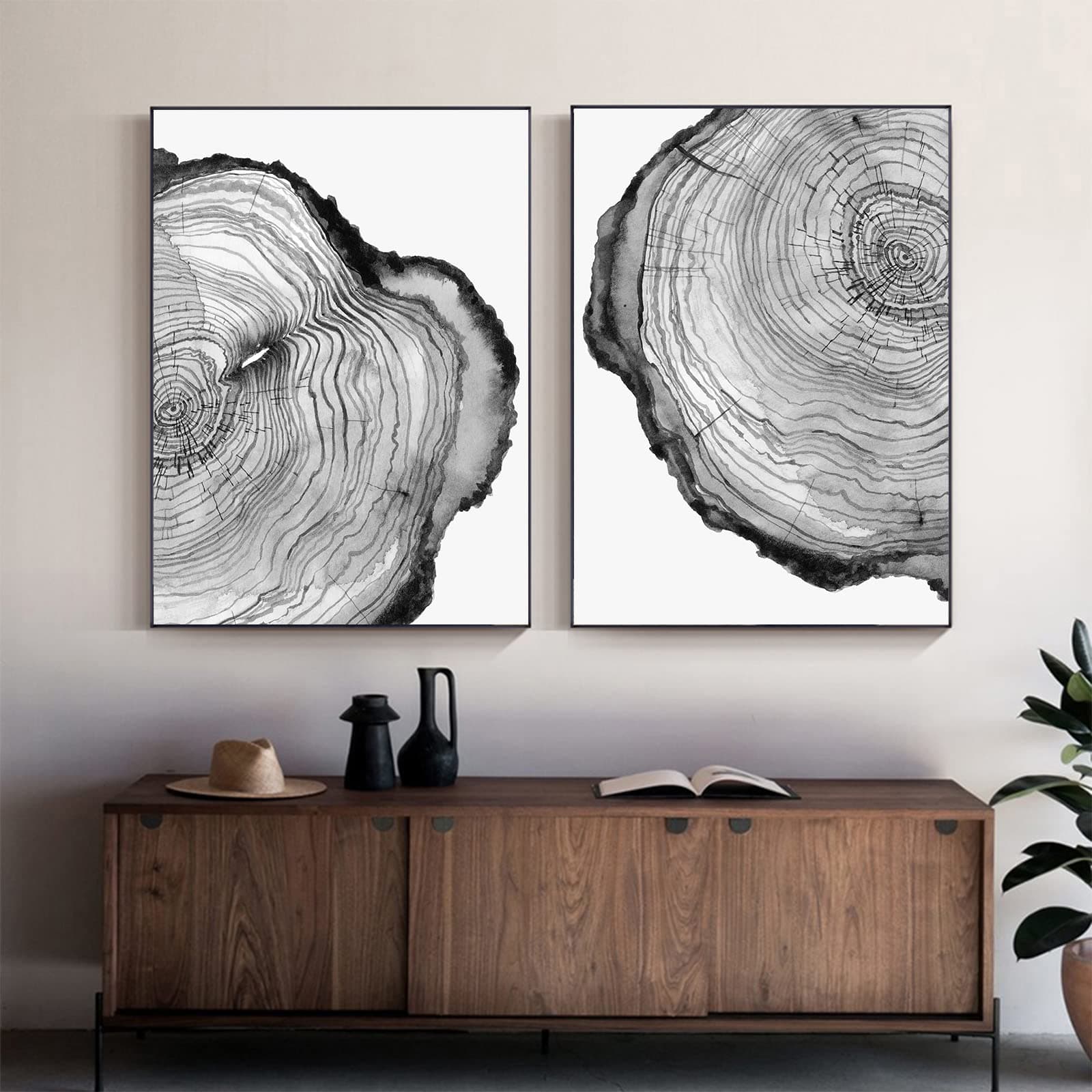 Wood Tree Rings Wall Art Canvas Tree Ring Print Black Grey White Painting Tree Cross Section Art Abstract Black and White Pictures Tree Ring Poster Tree Ring Artwork Retro Canvas 16x24inchx2 No Frame