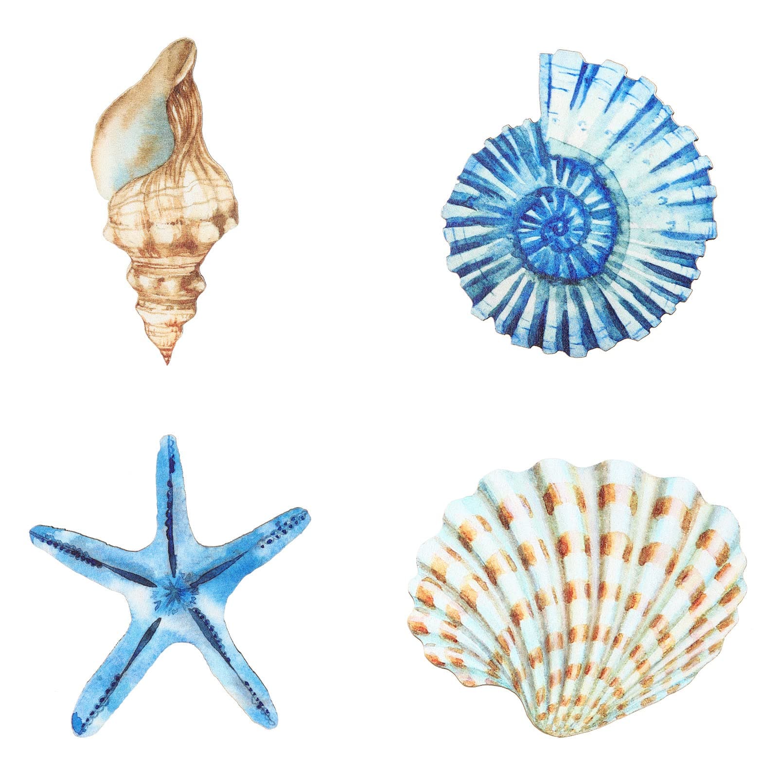 4 Pcs Beach Wall Decor, Wooden Seashell Starfish Wall Decoration, Ocean Coastal Nautical Decorative Art, Rustic Seaside Theme Art for Bathroom Living Room Bedroom Summer Home Decor Gift(Small)