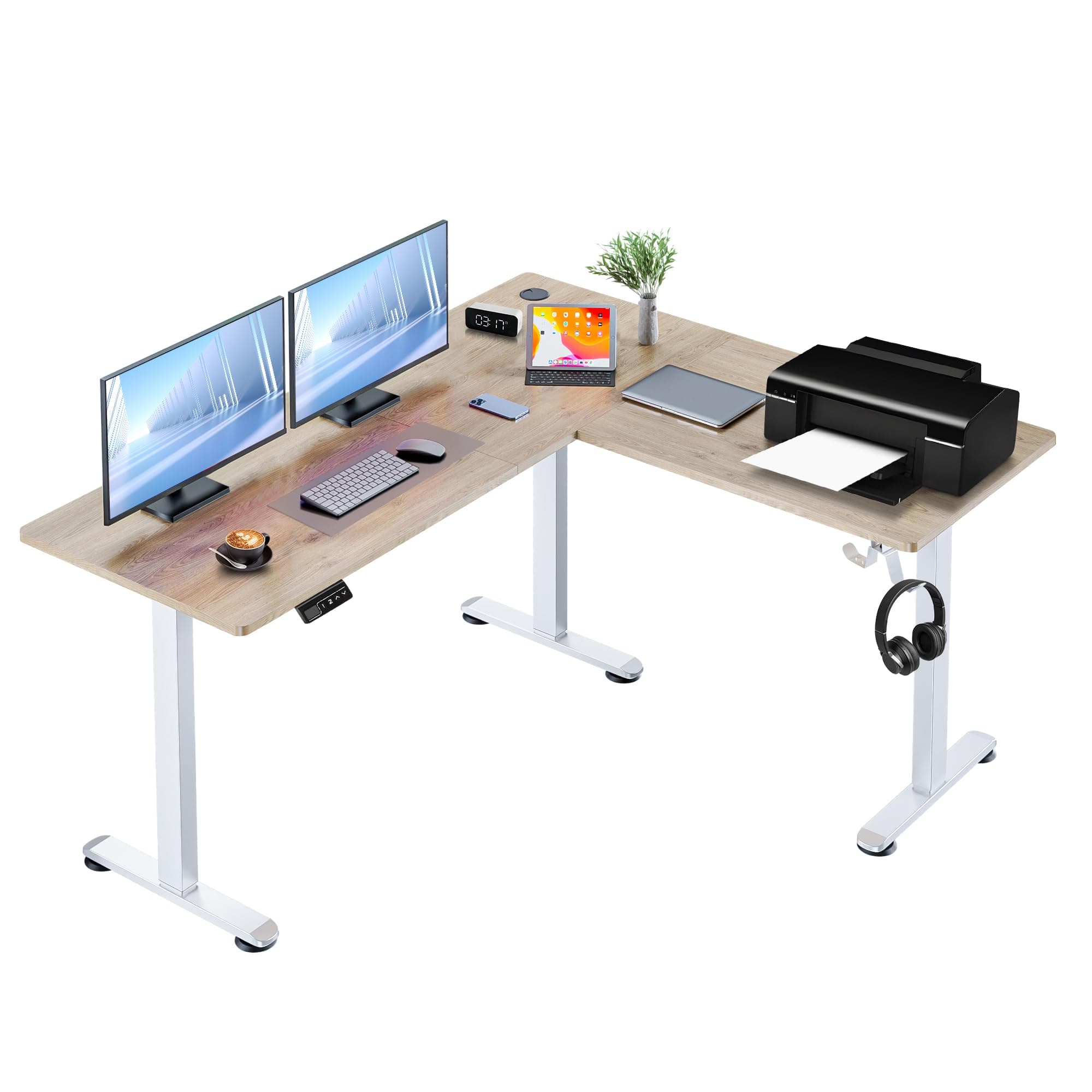 63” L Shaped Standing Desk,Electric Height Adjustable Corner Stand Up Desk, Ergonomic Sit Stand Home Office Computer Desk with Splice Board (Oak)