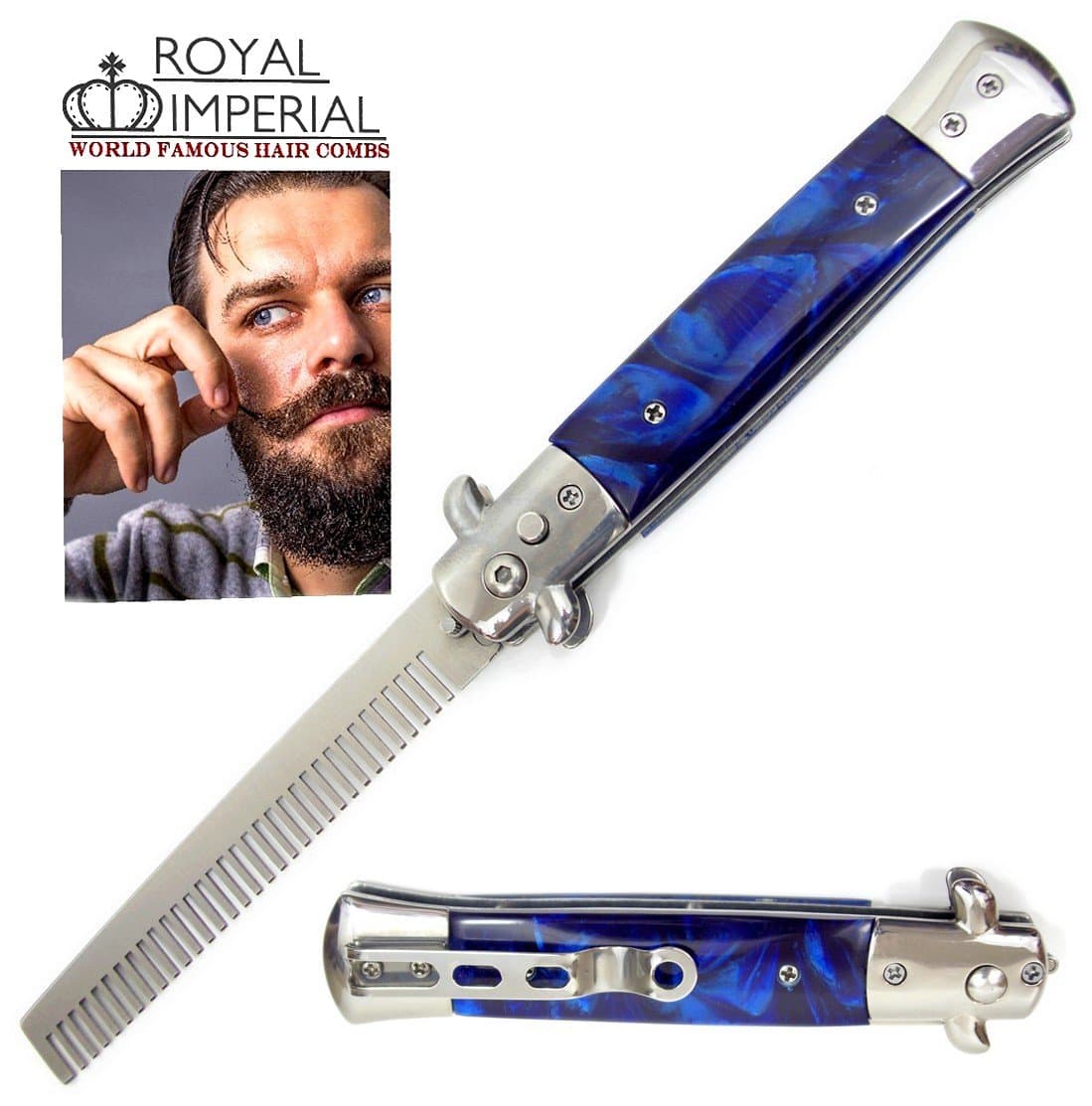High Quality Metal Switchblade Pocket Folding Flick Hair Comb For Beard, Mustache, Head BLUE CYCLONE Handle ~ INCLUDES Beard Fact Wallet Book ~ Nicer Than Butterfly Knife Trainer