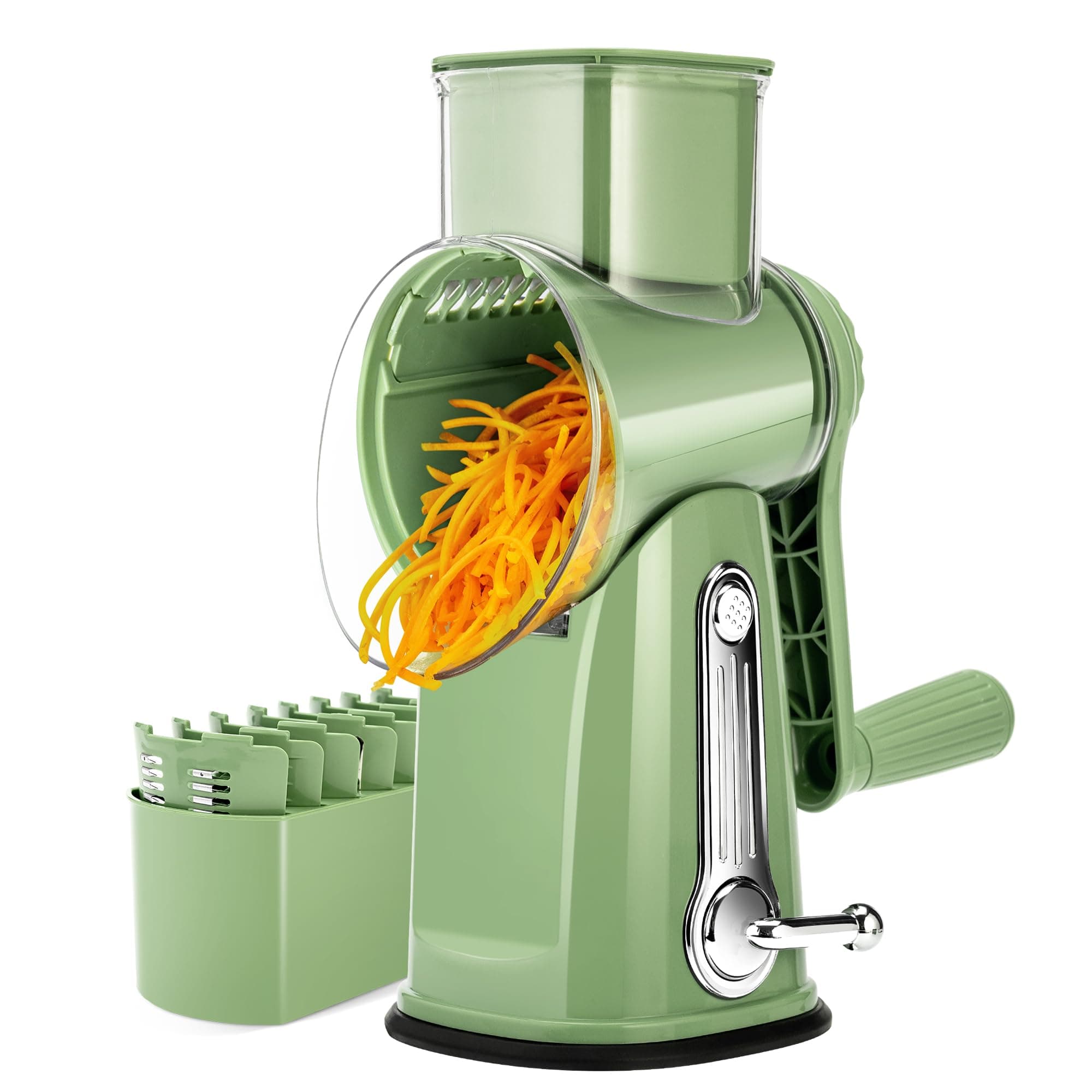 Rotary Cheese Grater with Handle - Vegetable Shredder with 5 Well-designed Blades & Strong Suction Base,Round Mandoline Slicer & Food Chopper for Kitchen,with Blade Storage Box(Retro Green)