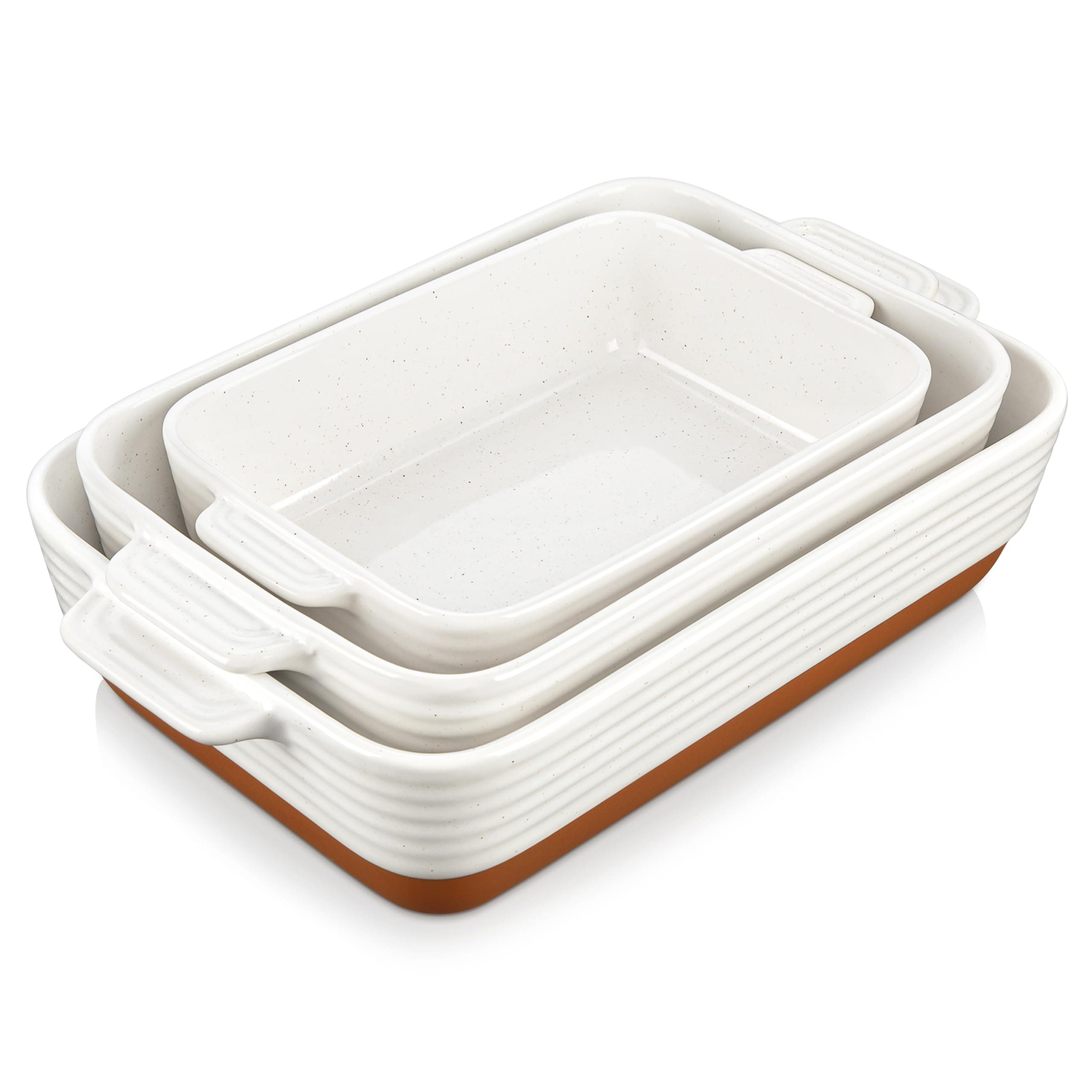 MALACASA Casserole Dishes for Oven, Ceramic Baking Dishes Set of 3, 1.45/2.7/3.8L Rectangular Baking Pan Set, Deep Lasagna Pan with Handles, Khaki White (14.5"/13"/10.5"), Series TARA