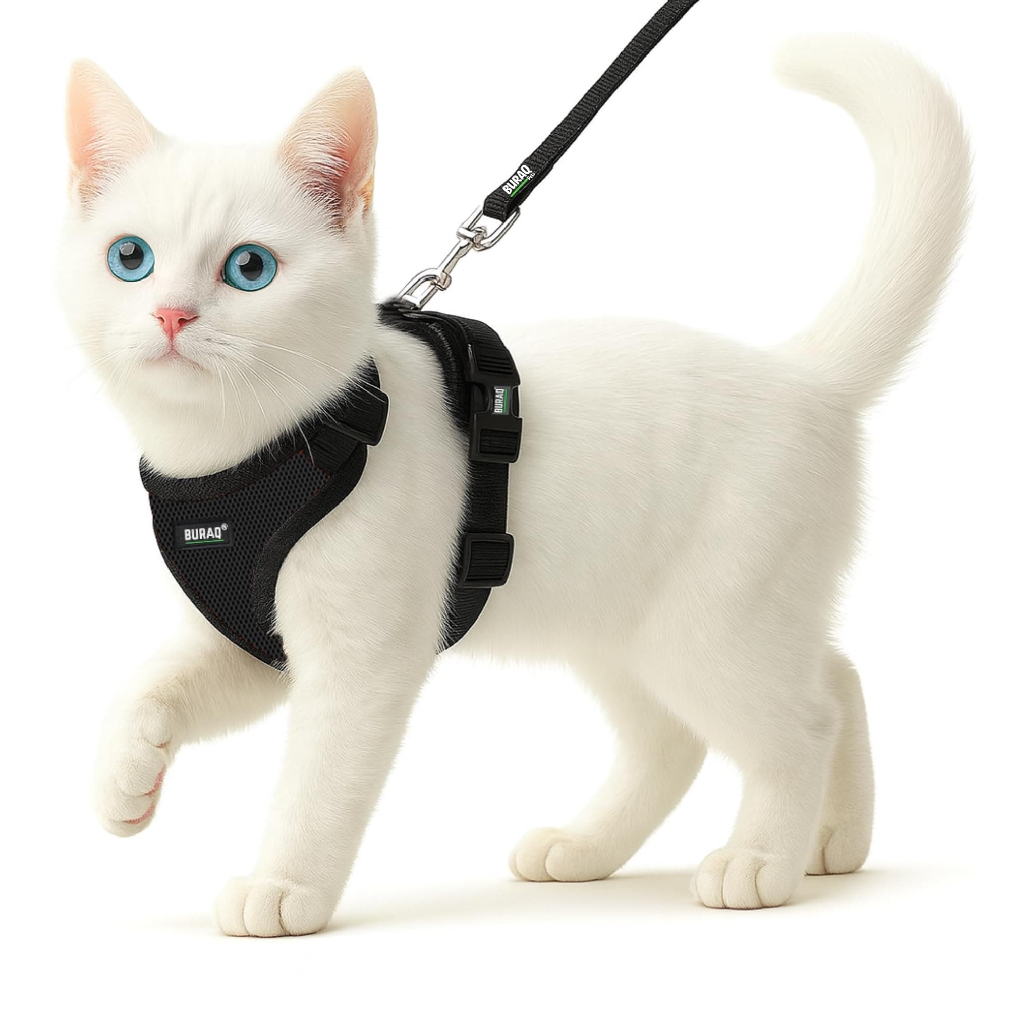 - Buraq No Pull Cat Harness with Leash, Escape Proof, Ultra-Light Weight, Air Mesh Fabric, Aesthetic Design Adjustable Cat Leash with Harness (S - Black)