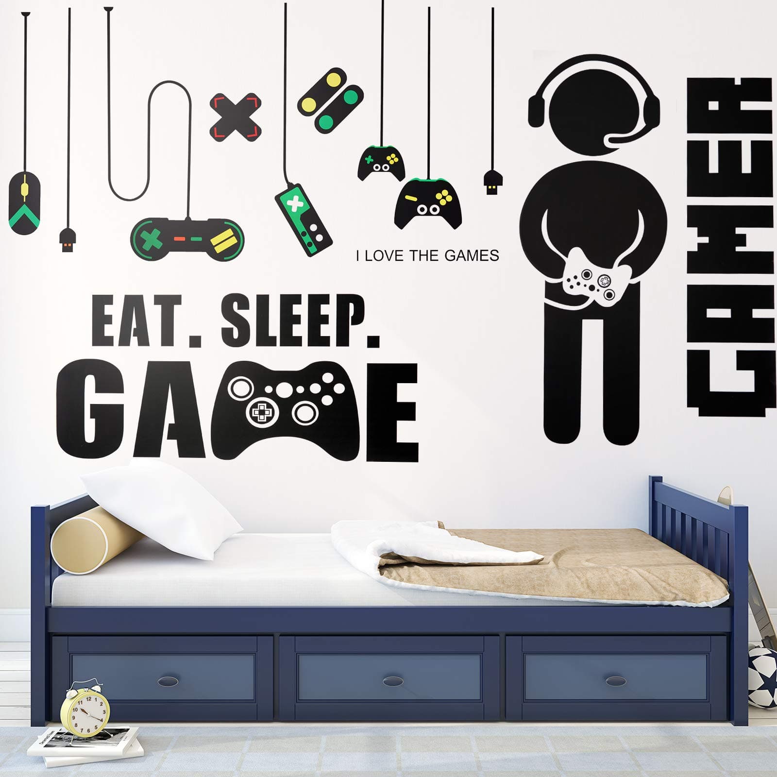 3 Sheets Game Wall Stickers Video Game Wall Decals, Vinyl Gaming Wall Stickers Eat Sleep Game Wall Decal for Boys Kids Men Bedroom Home Playroom