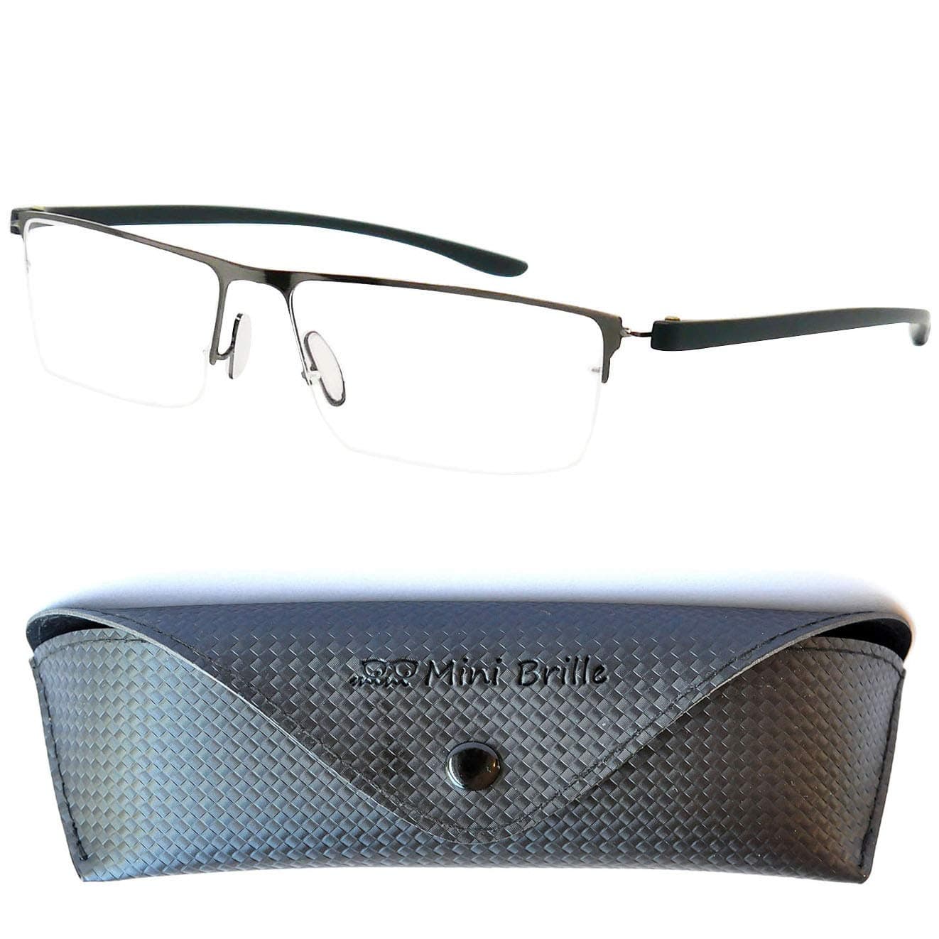 Mini Brille® Half Frame Metal Reading Glasses with Rectangle Lenses, FREE Case, Lightweight Stainless Steel Frame, Women and Men Reading Glasses