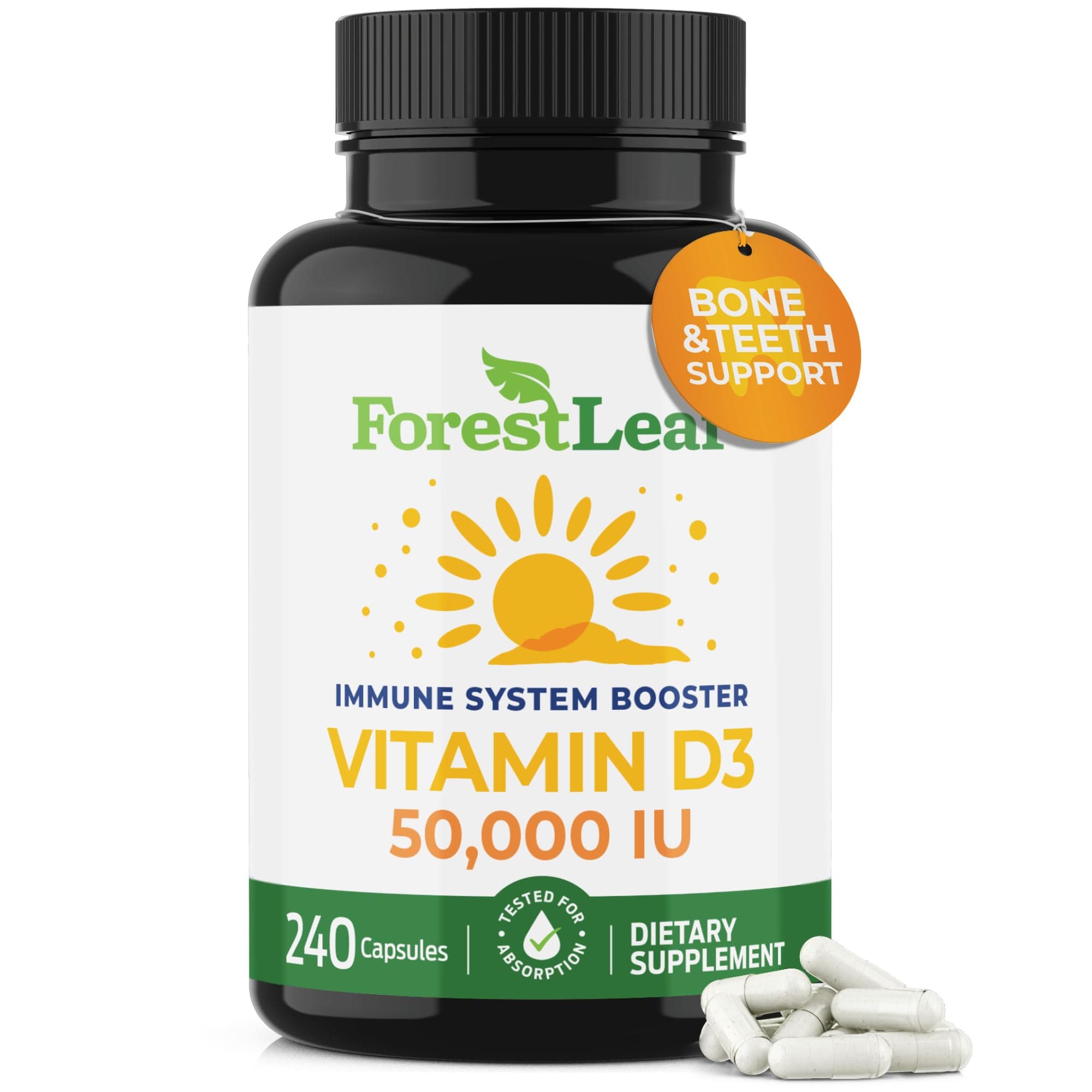 ForestLeaf Vitamin D3 50,000 IU | VIT D - VIT D3 Vitamin D Supplement for Women and Men | Bone Health, Teeth, Immune Support | Easy to Swallow Pills | High Potency WEEKLY Dose, 4-Year Supply, 240 Caps