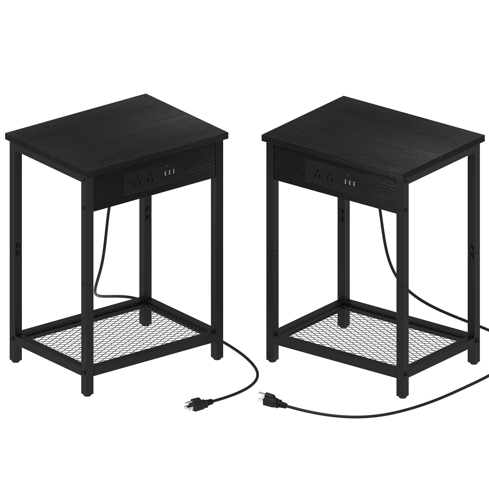 Nightstand Set of 2 with Charging Station Side End Table with USB Ports and Power Outlets 2-Tier Bed Side Table for Bedroom Living Room, Modern Black