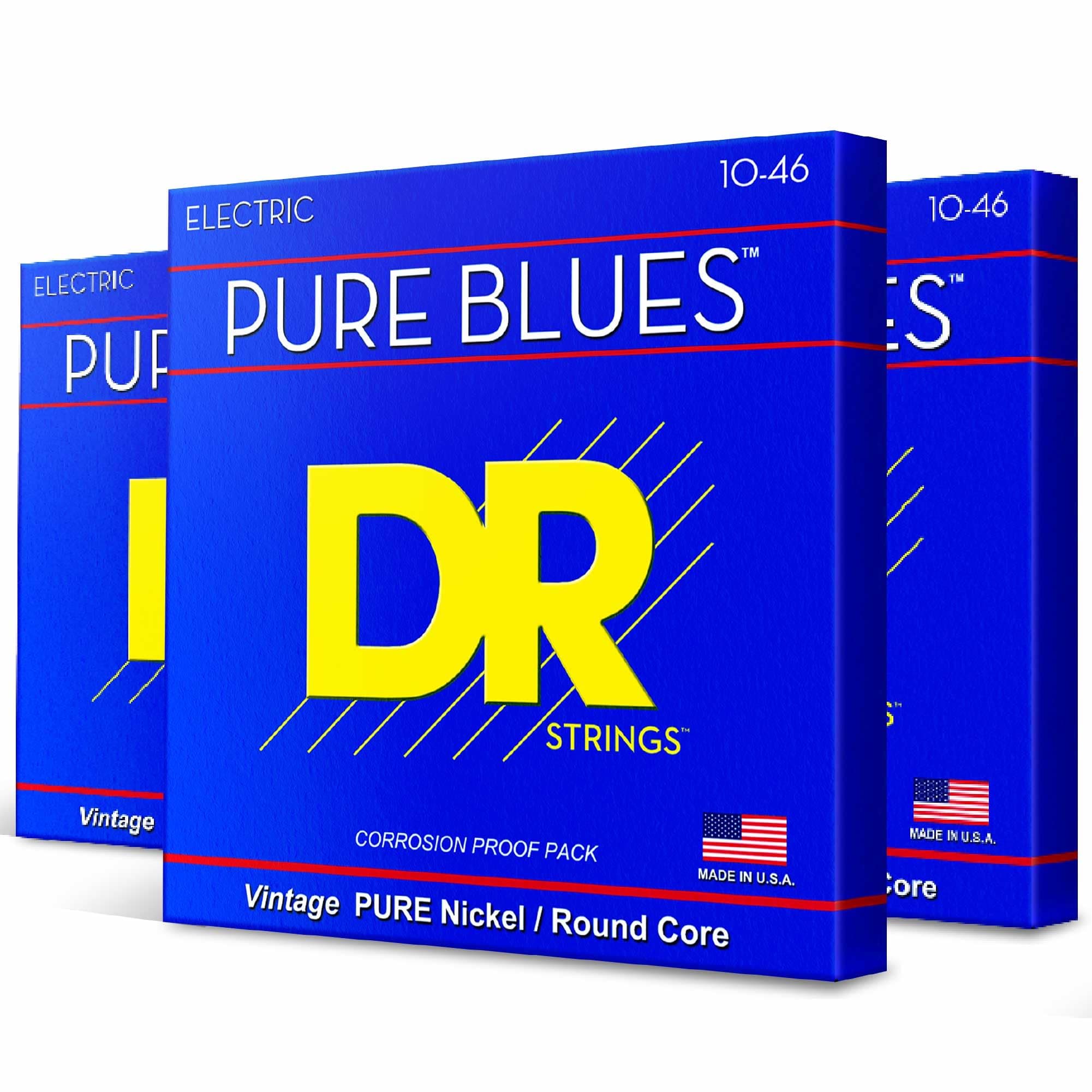 DR Strings Pure Blues Pure Nickel Electric Guitar Strings, Medium 10-46, 3-Pack (PHR-10-3PK)