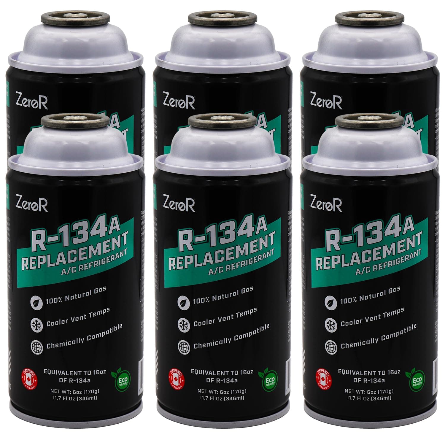 ZeroR® AC Refrigerant | R134a Replacement | 6 Cans for AC Recharging