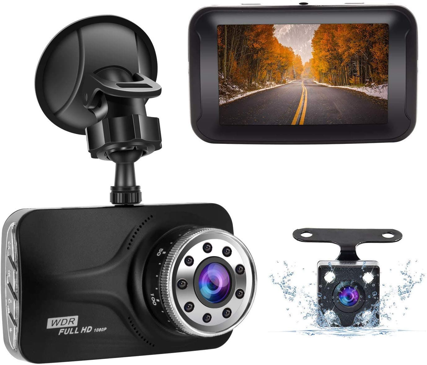 Dual Dash cam 1080P Full HD Front and Rear Camera for Cars, Driving Recorder with IR Sensor,170 Degree Wide Angle, 3 inch LCD Screen G-Sensor, WDR, Night Vision, Loop Recording WDR, Motion Detection