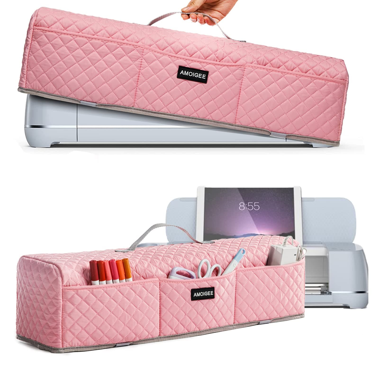 AMOIGEE Padded Dust Cover Compatible with Cricut Maker, Cricut Maker 3, Explore Air 2, Cricut Explore 3 Machine, with Pockets for Cricut Accessories(Pink)