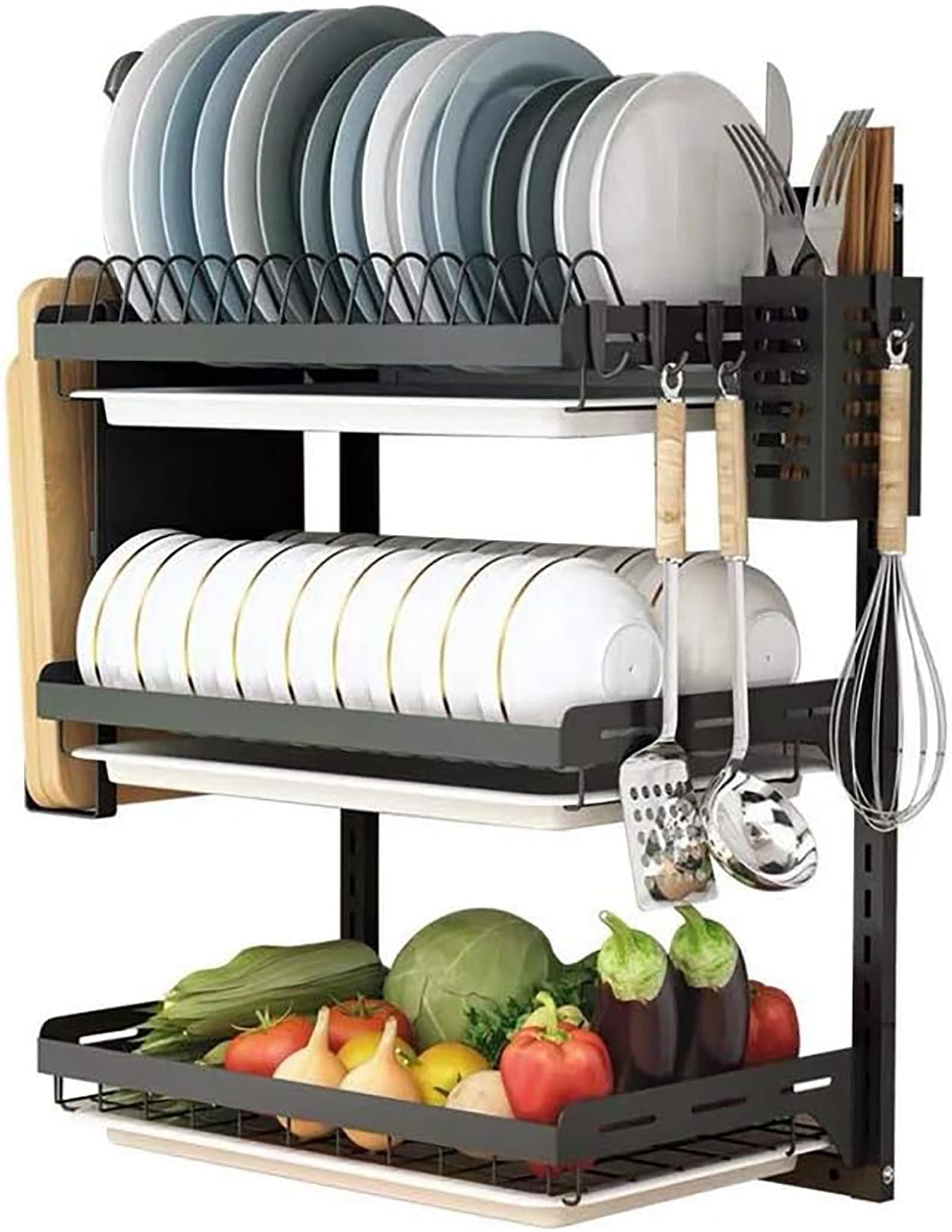 3 Tier Black Stainless Steel Dish Drying Rack Fruit Vegetable Storage Basket with Drainboard and Hanging Chopsticks Cage Knife Holder Wall Mounted Kitchen Supplies Shelf Utensils Organizer