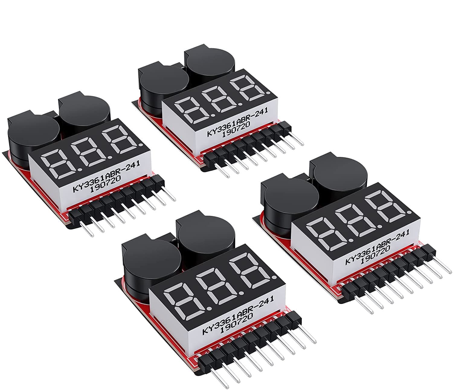 1-8S Lipo Battery Voltage Tester 4 Pack, 2-in-1 RC LiPo Low Voltage Buzzer Alarm with LED Indicator, Battery Monitor Checker for 1-8S LiPo Li-ion LiFe LiMn Cells, High Precision ±0.01V