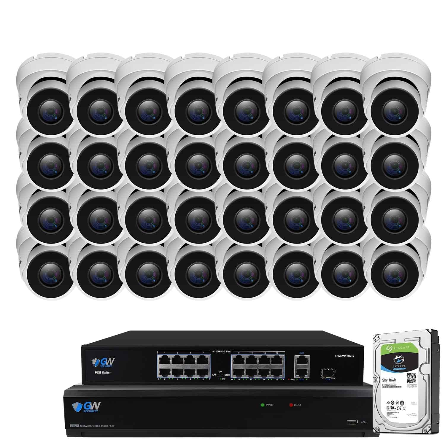 GW Security 32 Channel 12MP NVR 4K Smart AI Security Camera System with 32 x 4K (8MP) IP PoE Microphone Dome Camera, 100ft Night Vision, Face/Human/Vehicle Detection Waterproof Surveillance Camera