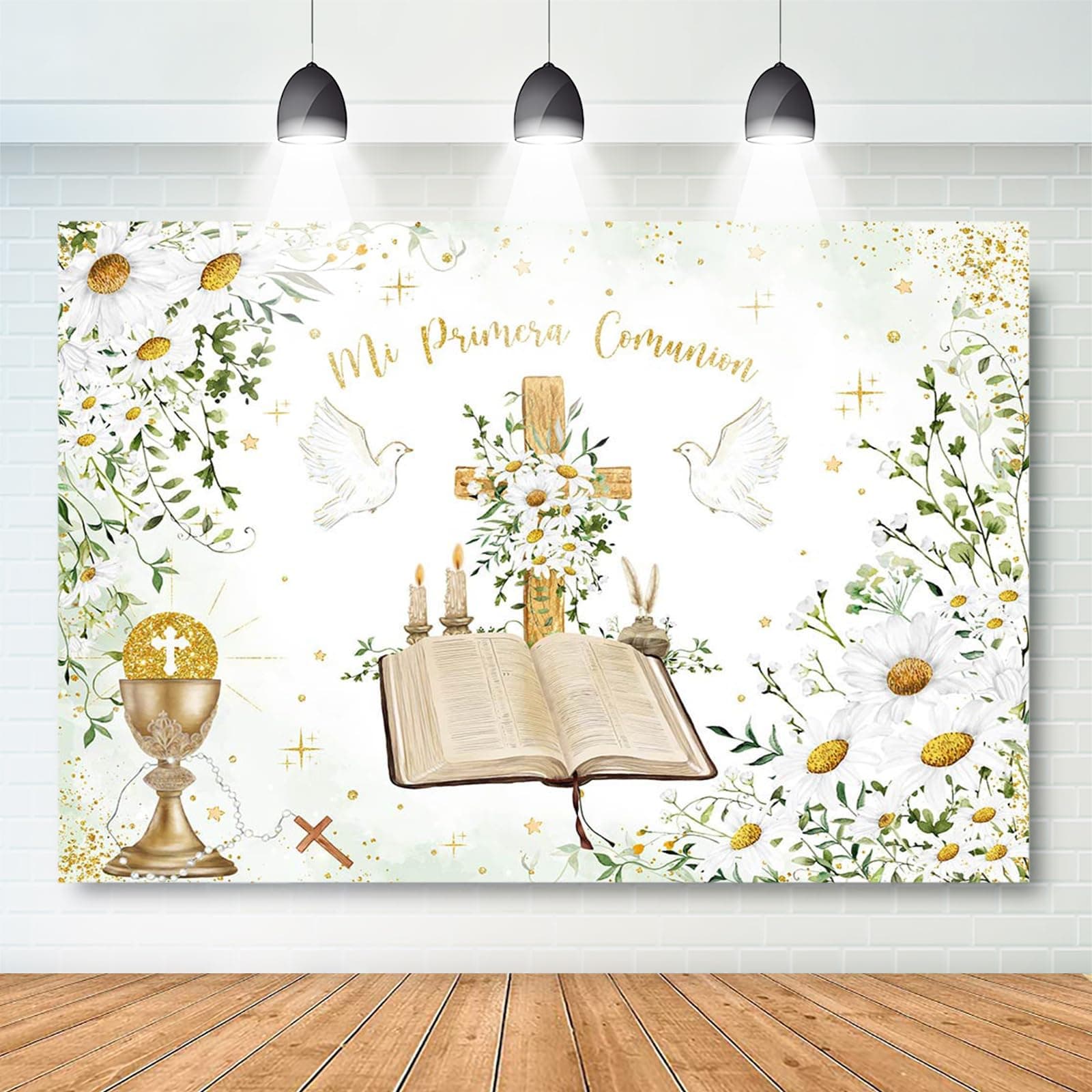 Mocsicka Mi Primera Comunion Backdrop First Holy Communion Baptism Party Decoration Gold Dots Daisy Christening God Bless Photography Background Banner Photo Booth Props (Gold, 7x5ft(82''x60''))