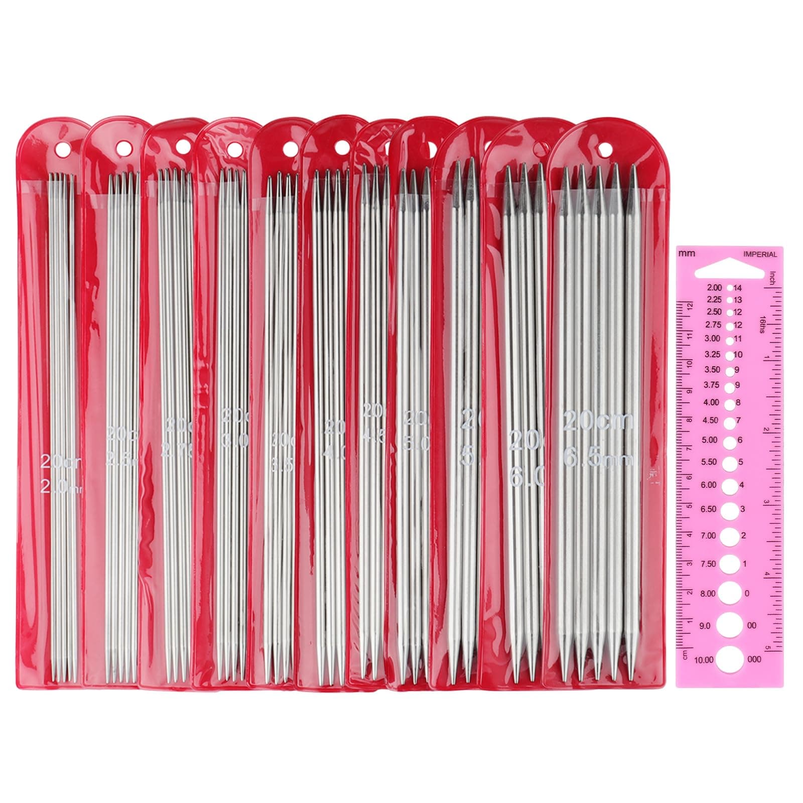 Coopay 55pcs Double Pointed Knitting Needles Set, 2.0mm-6.5mm, Sock Knitting Needles, 20cm Metal DPN Shorties Knitting Needle for Socks Gloves Hats, Double Pointed Needles with Knitting Needle Gauge