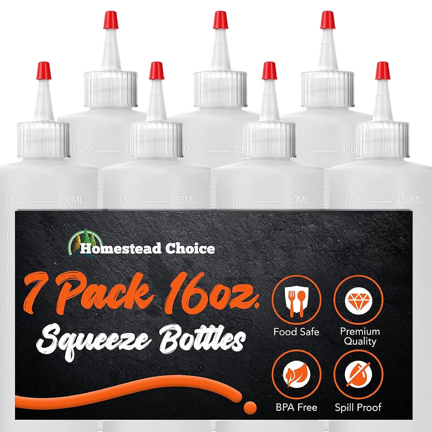 Homestead Choice 7-pack Plastic Squeeze Bottles for Sauces - 16oz Condiment Squeeze Bottles for Liquids - BPA Free Squirt Bottle with Cap - Ketchup, Syrup, Oil, Dressings, Honey & Arts and Crafts