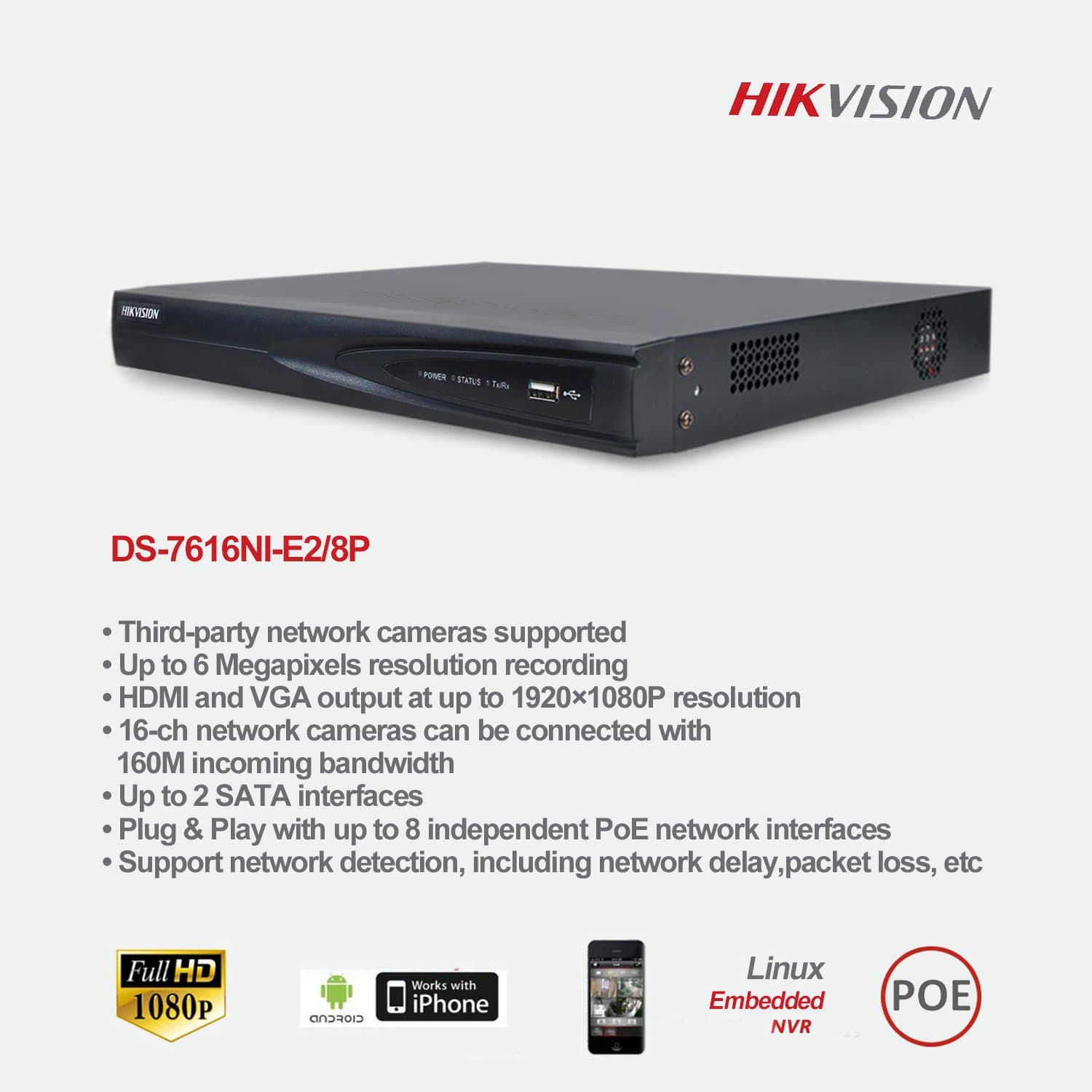 DS-7616NI-E2/8P 16CH POE NVR Network Video Recorder with up to 5MP Resolution Recording Hikvision OEM
