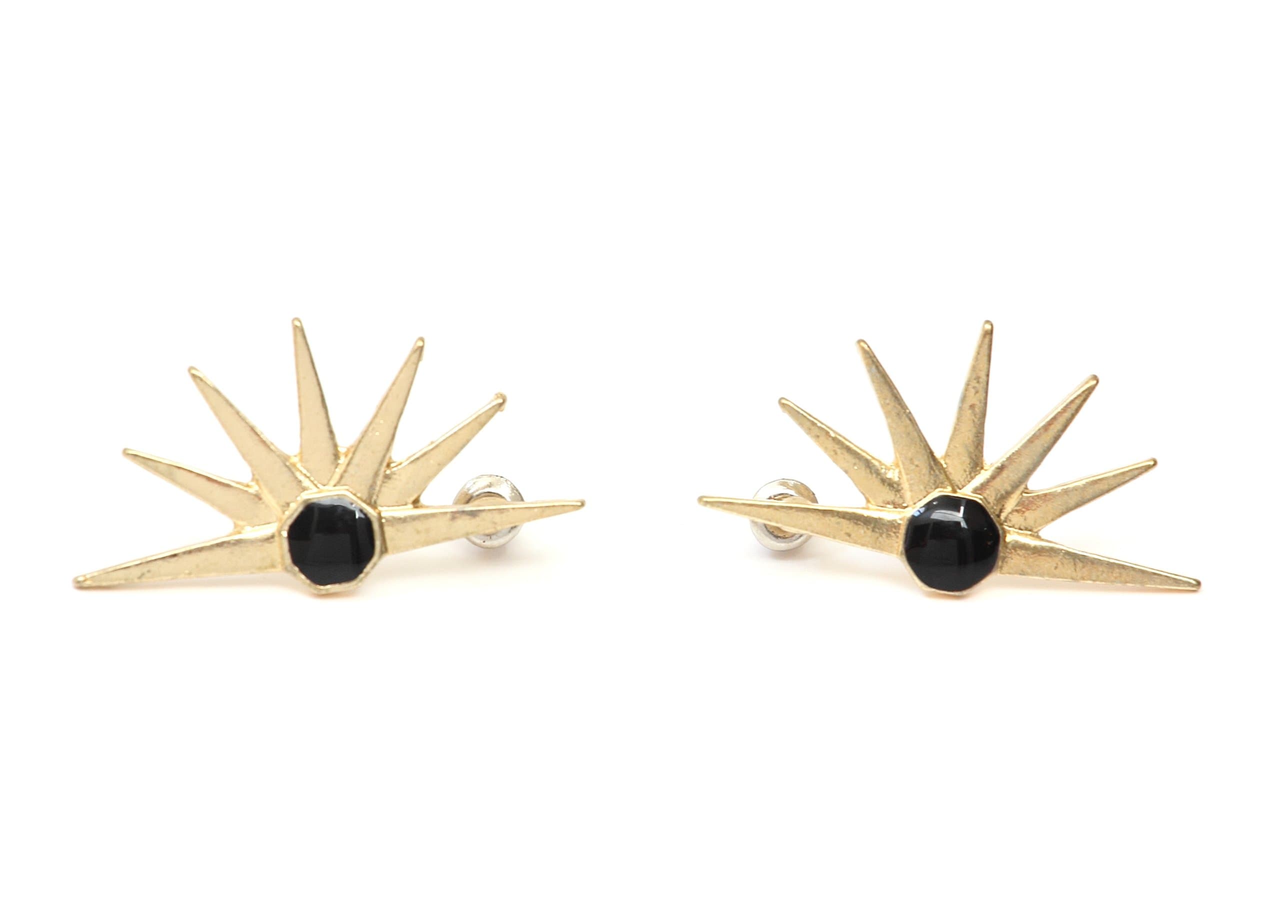 Black Sunburst Stud Earrings Vintage Posts Boho EC36 Geometric Gold Tone Star Mid Century Modern