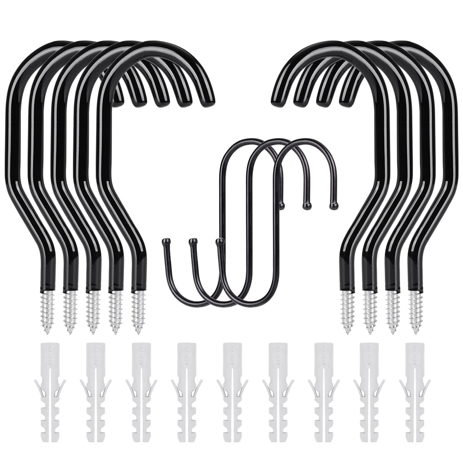 ANPENLarge Screw-in Ceiling Hook, Rubber Coated, Heavy Duty for Wall Mount or Ceiling Storage of Bikes, Ladders, Lawn Furniture, Tools, Cords and Hoses (9 Pack Screw-in Hooks+3Pack S-Shaped Hooks)