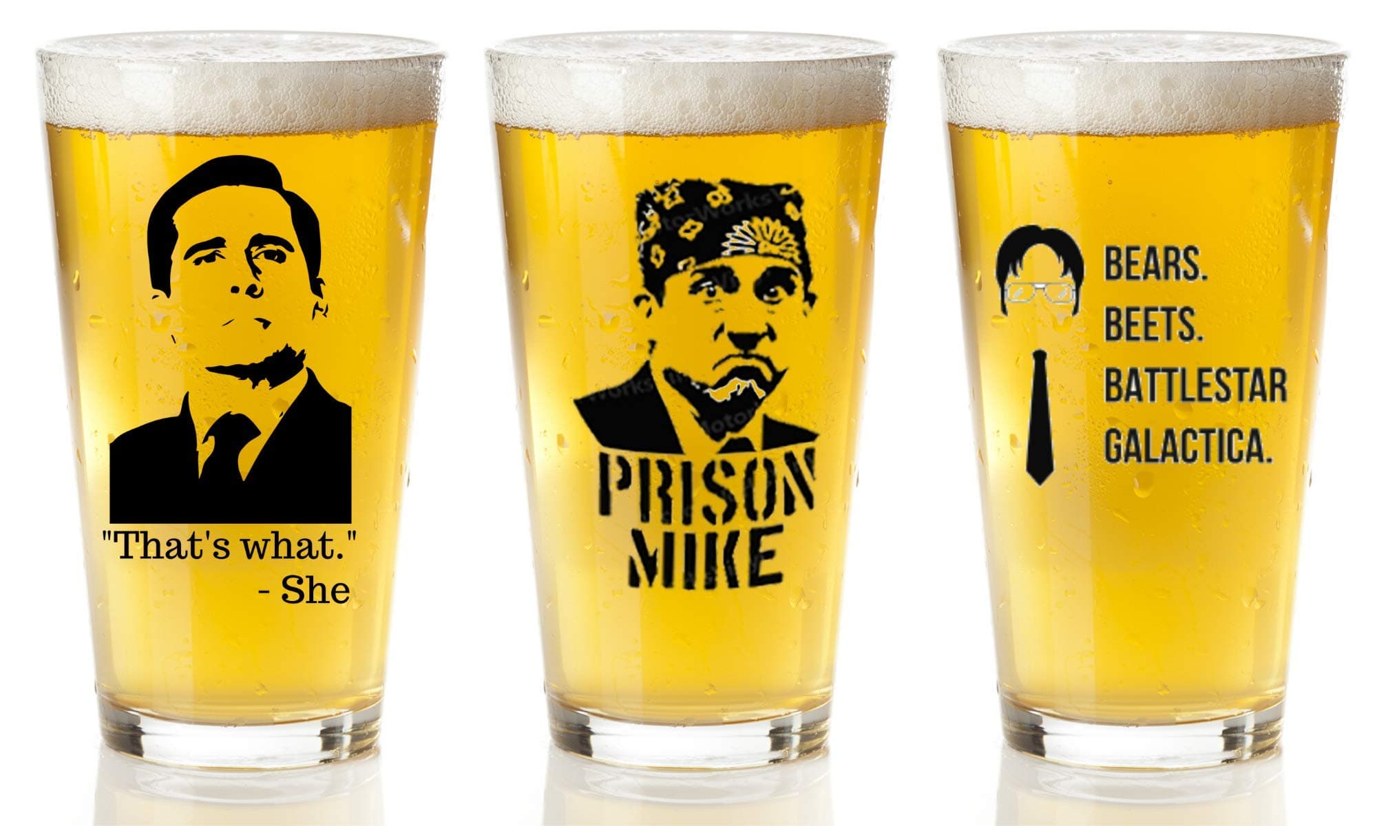COOL AF The Office Merchandise 3-Pack beer Glasses Set - That's What She Said, Prison Mike, Bears Beets Battlestar Galactica