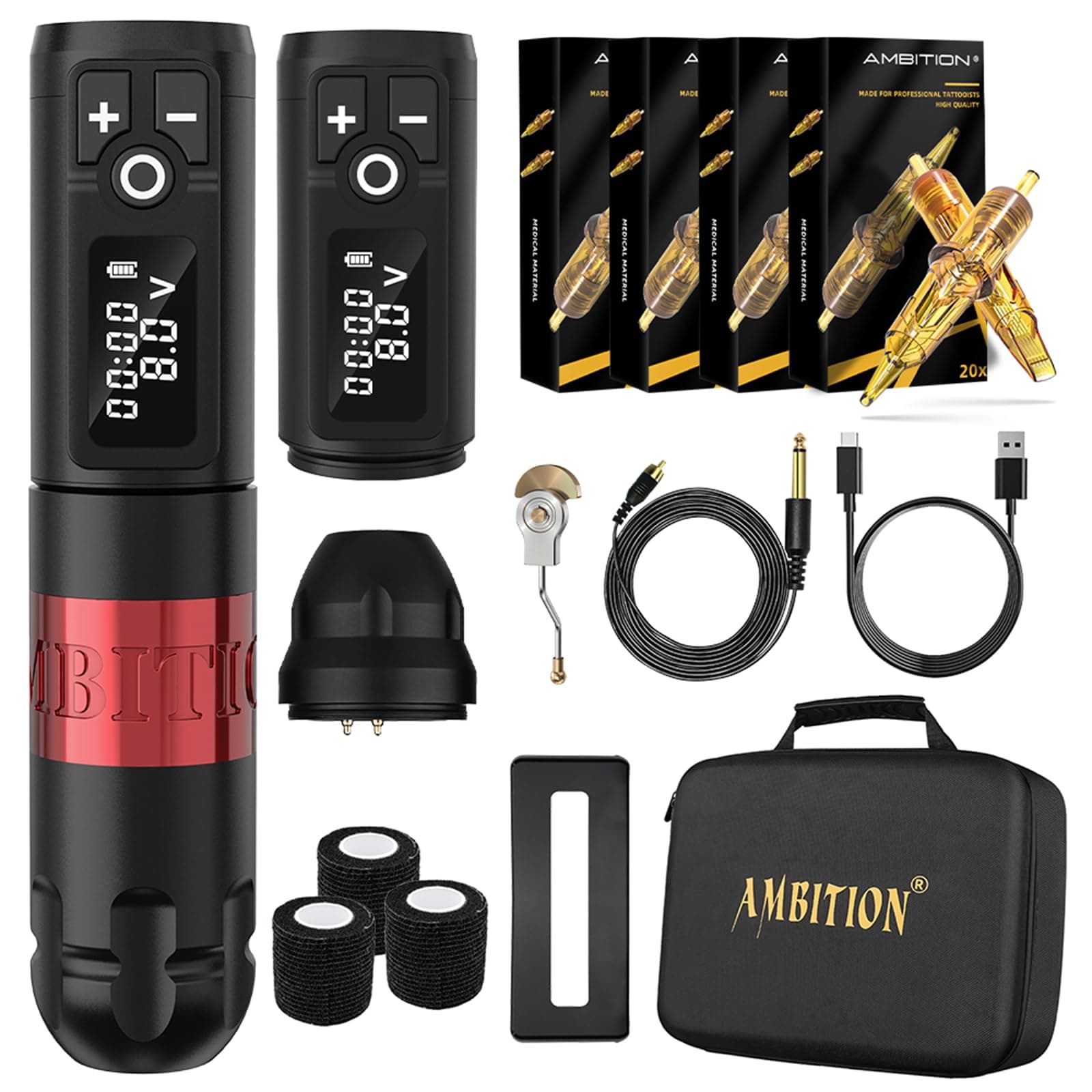 Ambition Soldier Wireless Tattoo Machine Kit Complete Rotary Coreless Motor Tattoo Pen Kit with Extra 2400mAh Battery 80pcs Glory Mixed Size Cartridge Needles Supply for Professional Tattoo Artist