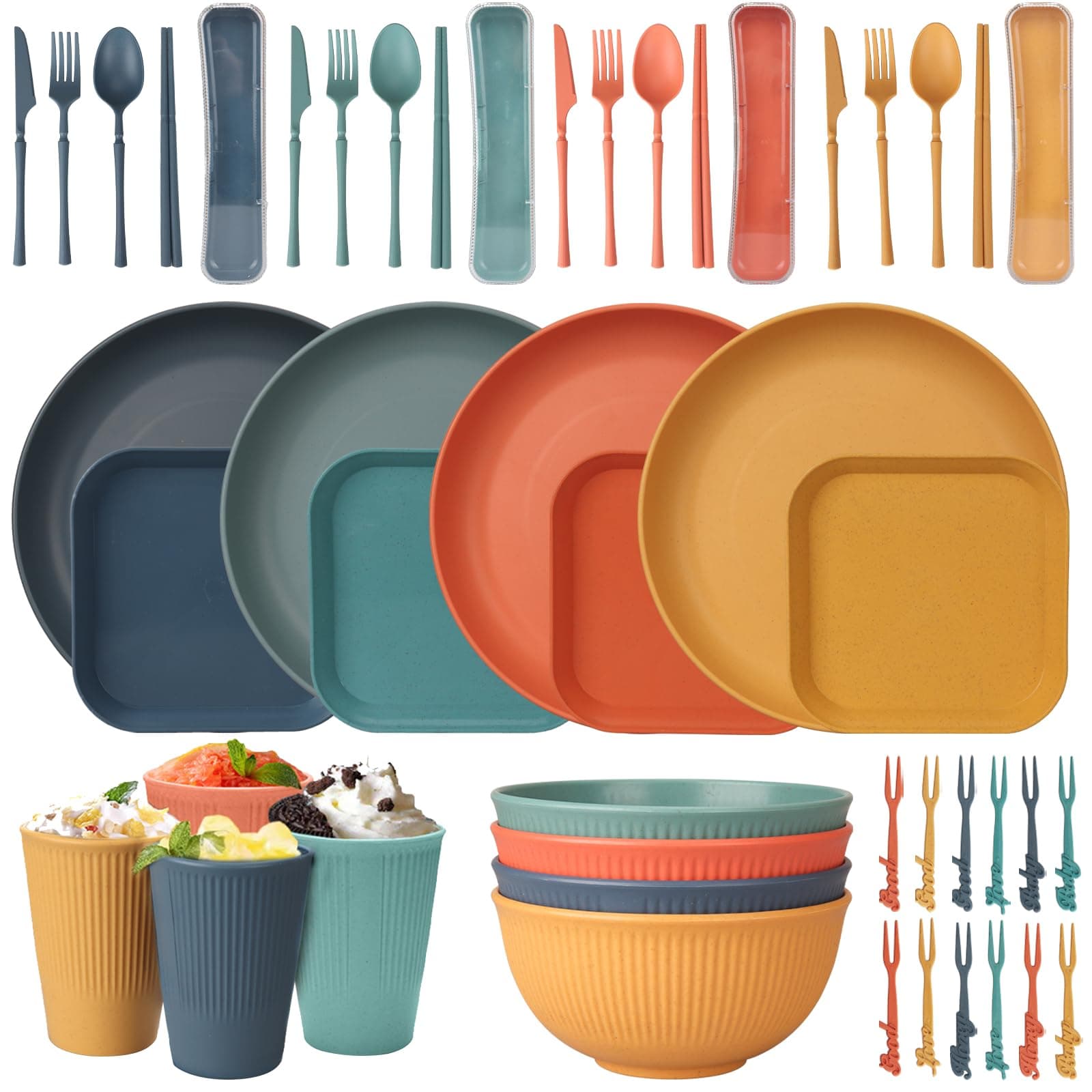 CSYY 48pcs Unbreakable Dinnerware Sets for 4 People, Camping/Picnic Dinner Sets, Lightweight Colorful BBQ Plastic Serving Plates, Bowls, Cups,Cutlery Set, Forks,Tableware
