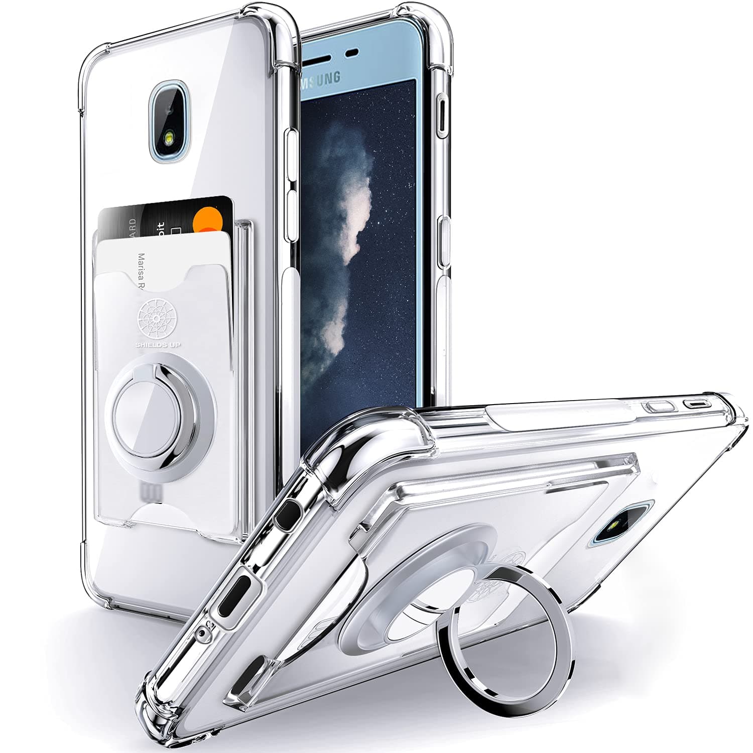 Shields Up for Samsung Galaxy J7 2018 Case, J7 V 2nd, J7 Refine, J7 Star, J7 Aero, J7 Crown, J7 Top, J7 Aura, J7 Eon Case, Minimalist Wallet Case with Card Holder and Ring Kickstand/Stand -Clear