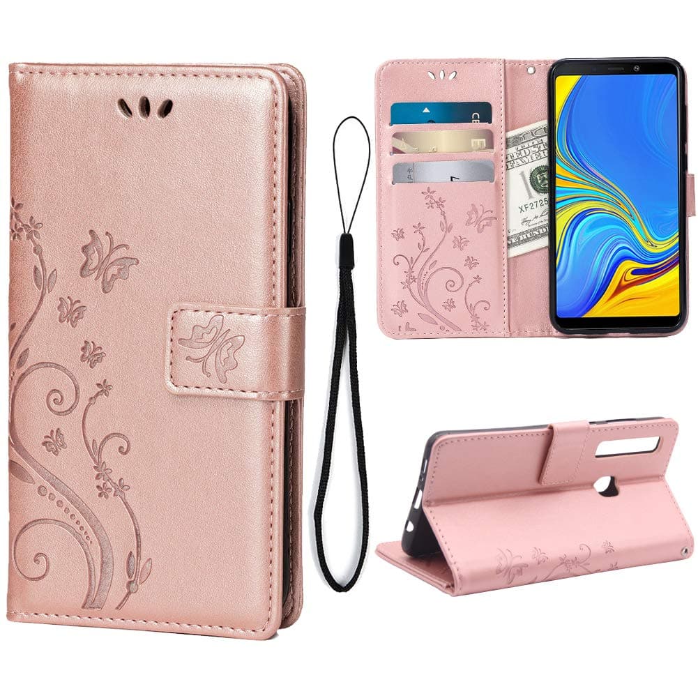 Wallet Case for Samsung Galaxy A9(2018)/A9S/A9 Star Pro, 3 Card Holder Embossed Butterfly Flower PU Leather with Magnetic Flip Cover for Samsung Galaxy A9(2018)(Rose Gold)