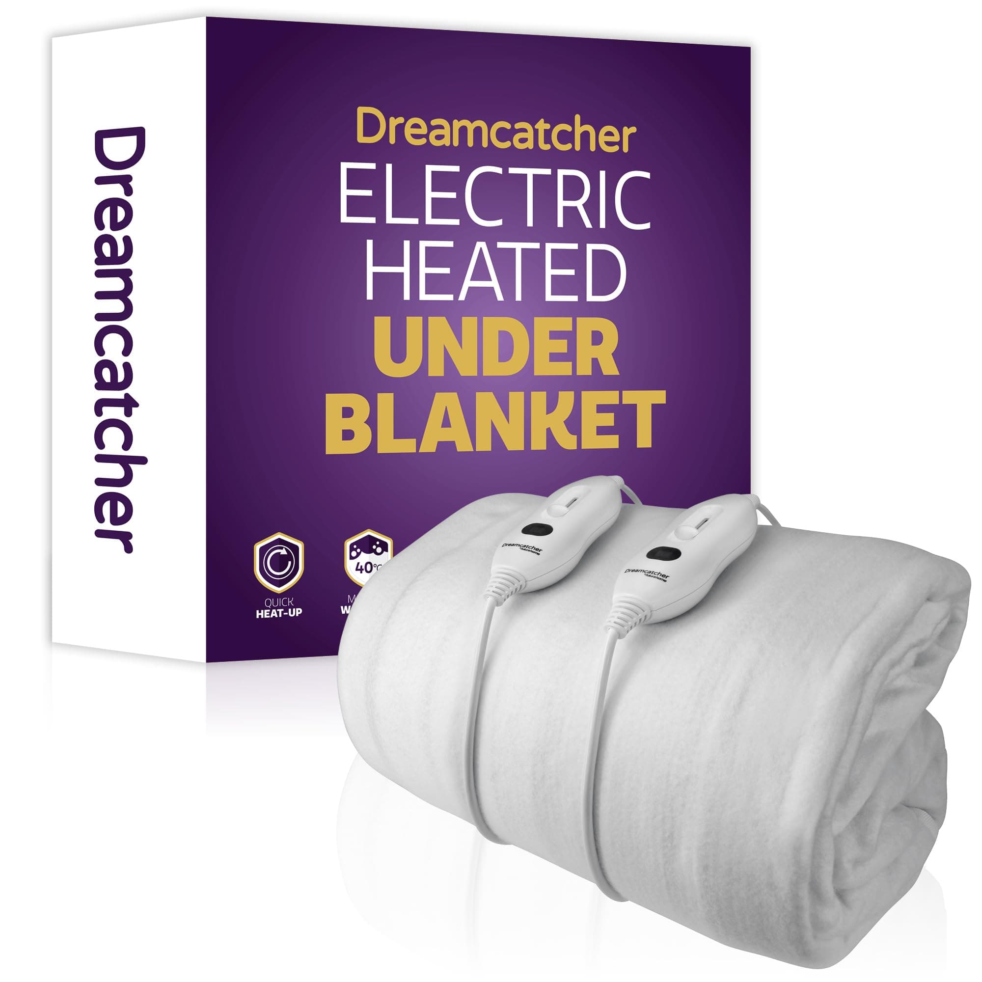 Dreamcatcher Double Electric Blanket 193 x 137cm, Fully Fitted Soft Polyester Electric Blanket, Underblanket Mattress Cover, 3x Heat Settings, 2x Controllers and Machine Washable White Heated Blanket