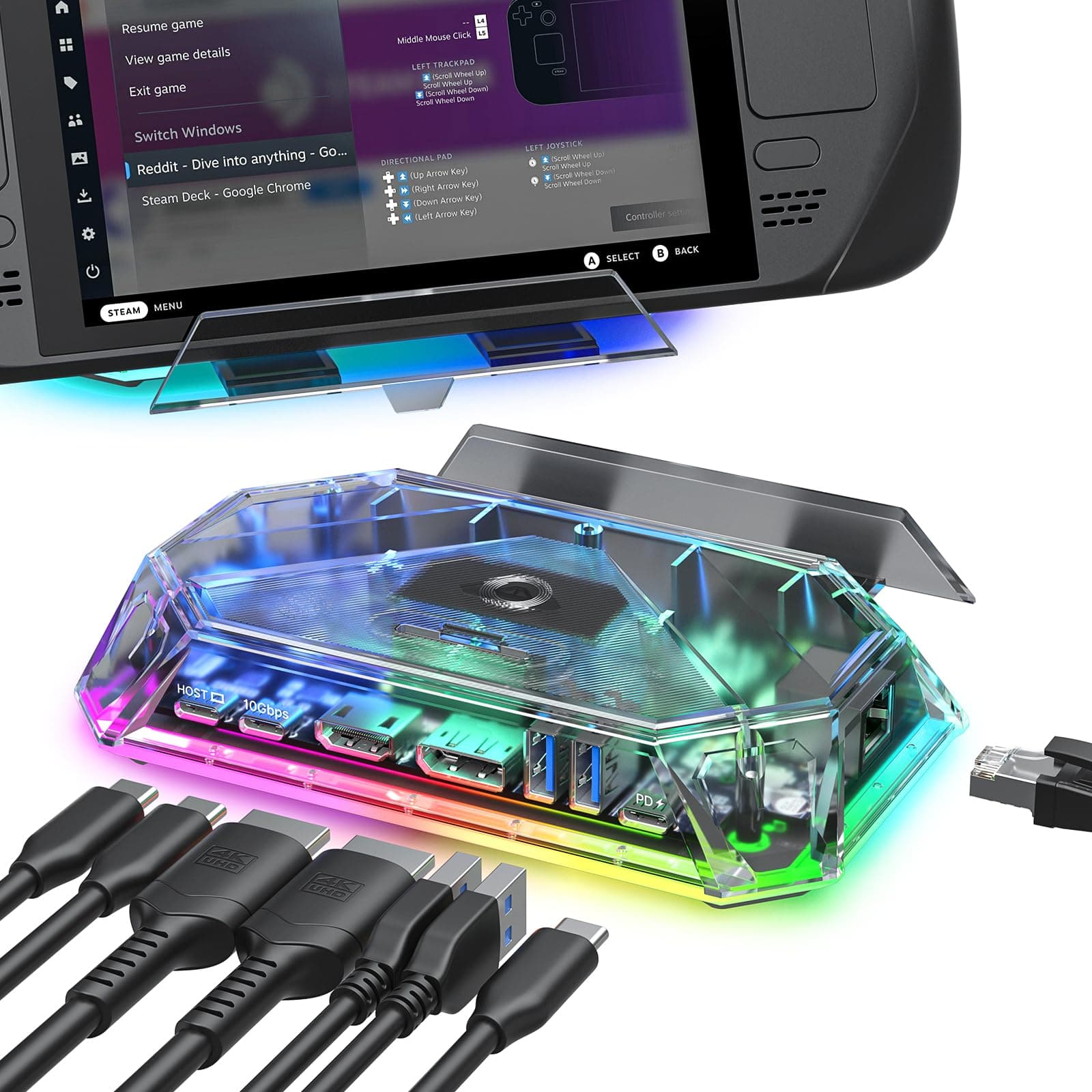 RGB Docking Station for Steam Deck (OLED)/ROG Ally/Legion Go, 12-in-1 Handheld Dock with 4K@120Hz HDMI & DisplayPort Gigabit Ethernet USB C 3.2 USB A 3.2/2.0, SD/TF Slots 3.5mm Jack-HB1201S