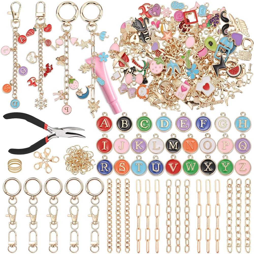 263 Pcs Lip Gloss Charm Keychain Craft Kit with Key Rings, Jump Rings, Lobster Clasps, Chains & Tools, DIY Jewellery Making Supplies for Personalised Bag Accessories