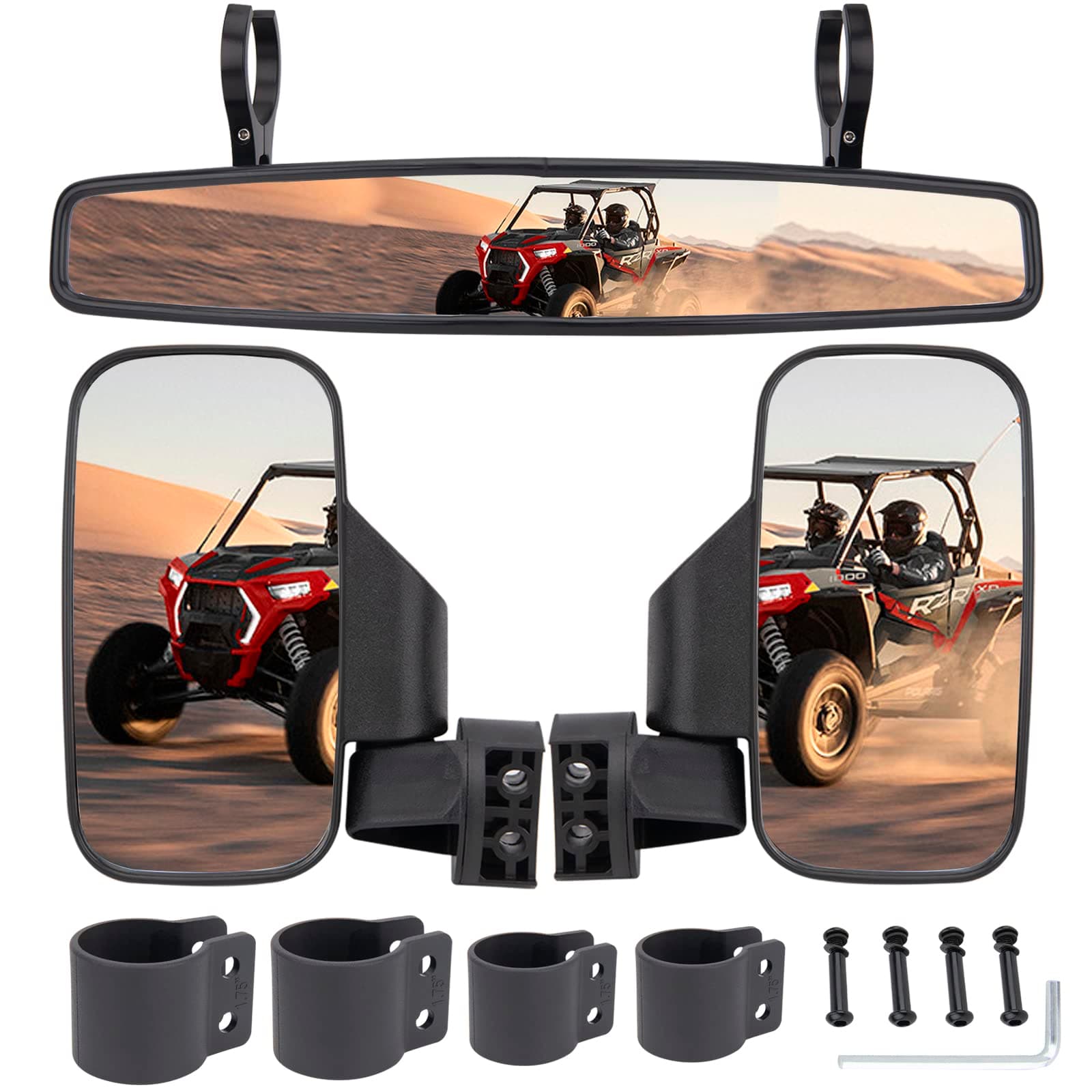 CMOOD UTV Side By Side Mirrors And Rear Center View Mirror With 1.75" to 2" Roll Bar Cage Compatible with Polaris RZR Commander Yamaha Kawasaki