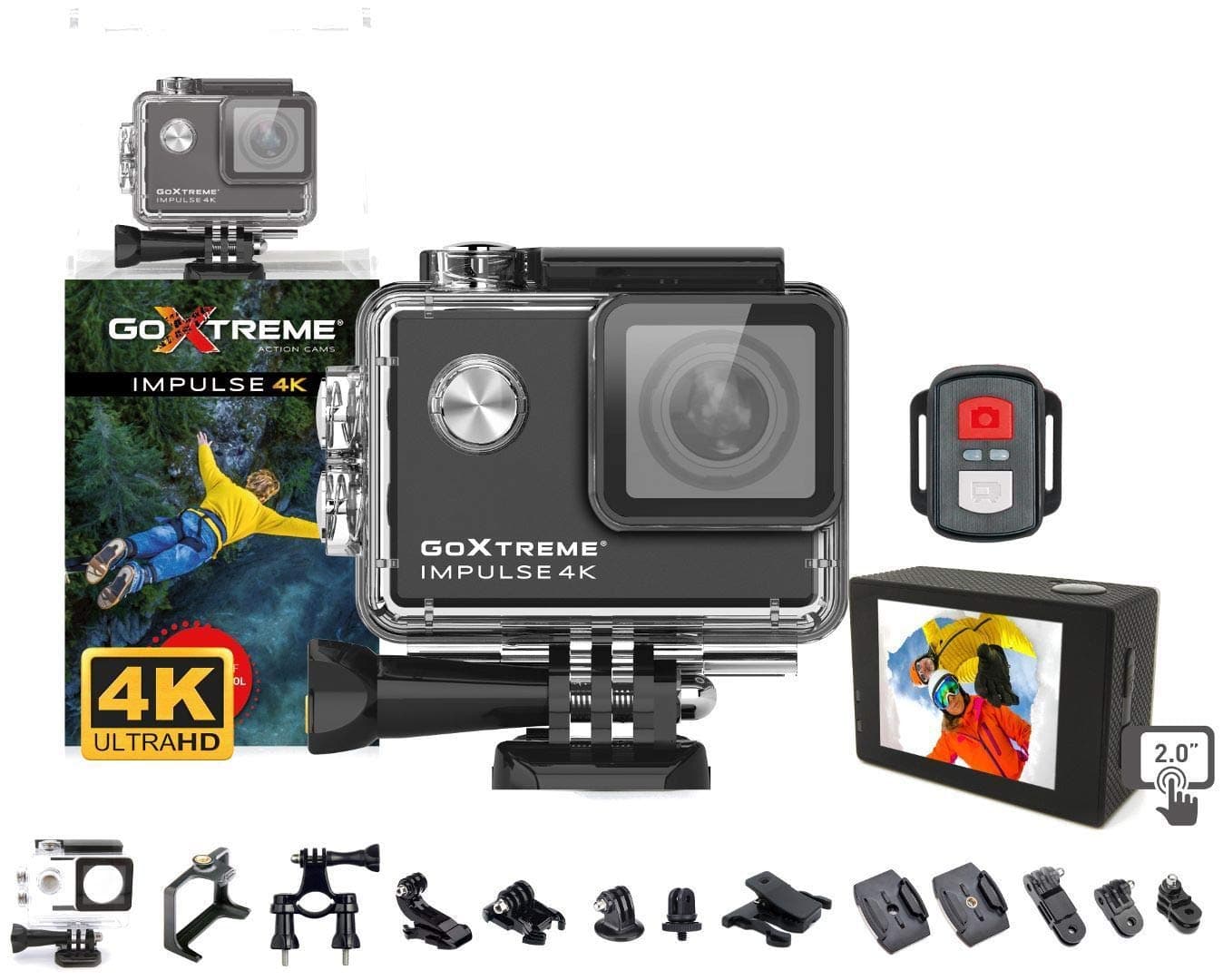 GoXtreme 'Impulse' 4K Action Cam mit Webcam-Funktion, 170° Weitwinkel, WiFi, 30 m wasserfest, Schwarz