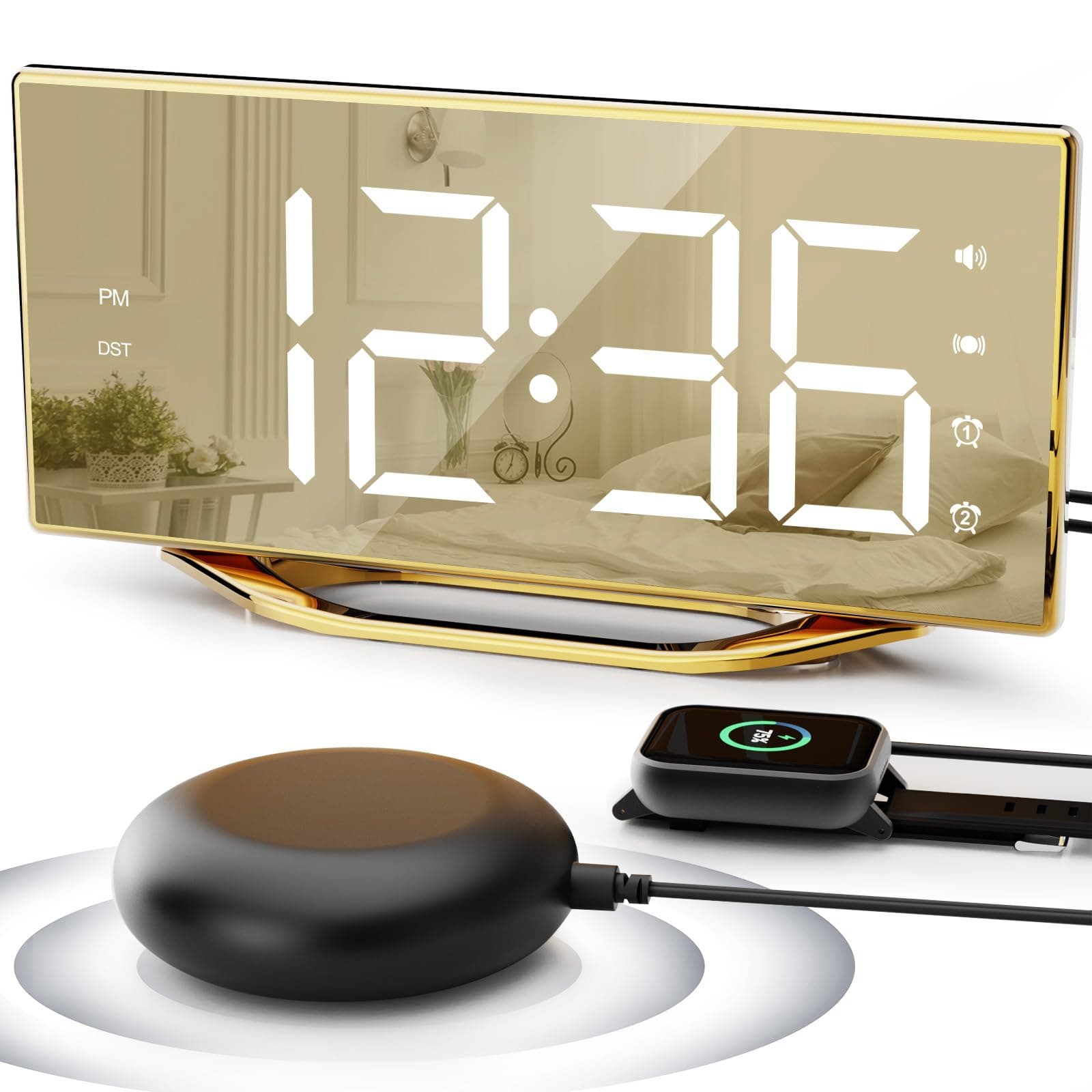 Loud Alarm Clock for Heavy Sleeper, 2 Alarms Big Display Clock with Bed Shaker for Hard of Hearing Deaf,Plug in Bedroom Mirror Clock,Phone Charger,Dimmer,Simple Digital Clock for Senior Adult Teen Kid