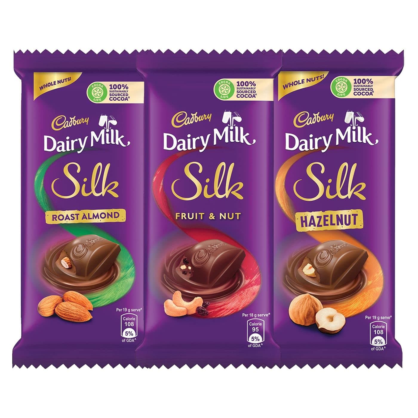 Dairy Milk Silk Small Chocolates Combo (2 X Silk Roast Almond With Whole Nuts 58G, 2 X Silk Hazelnut 58G And 2 X Silk Fruit And Nut 55G), 342 Grams
