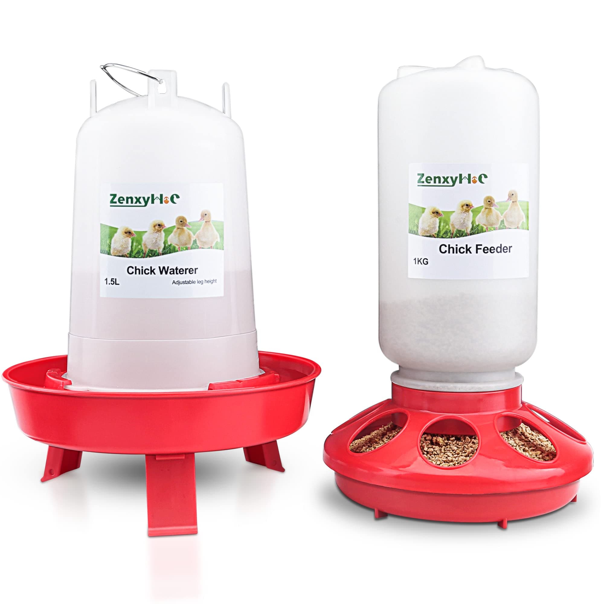 Chick Feeder and Waterer Kit, 1L Chick Feeder and 1.5L Chick Water Drinker with 3 Adjustable Heights Combo for Baby Chicken Duck Small Poultry