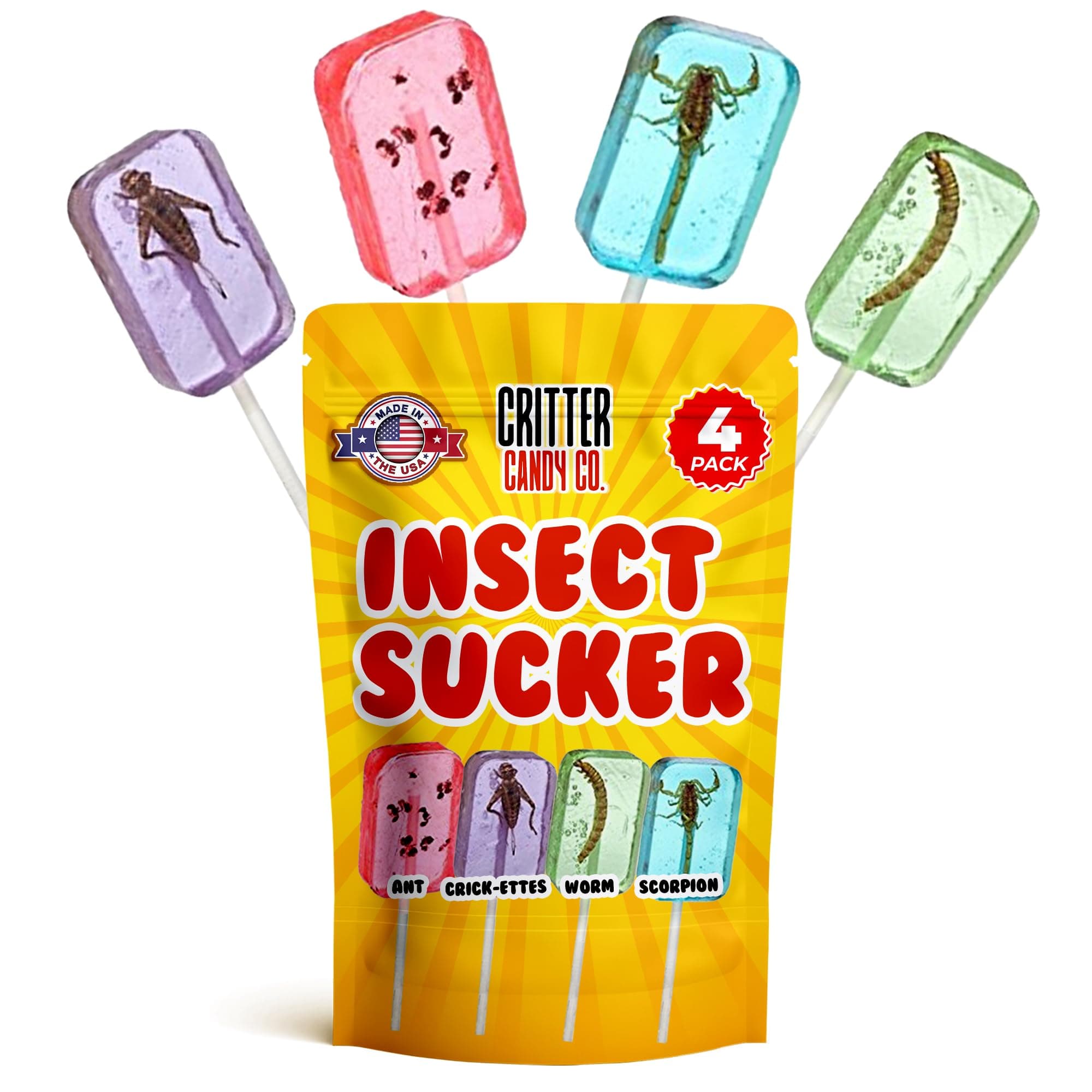 Hotlix Insect Lollipops (4-Pack), Edible Bugs For Humans, Bug Candy, Insects With Real In It, To Eat, Weird Candy Pack, Exotic Sticks,