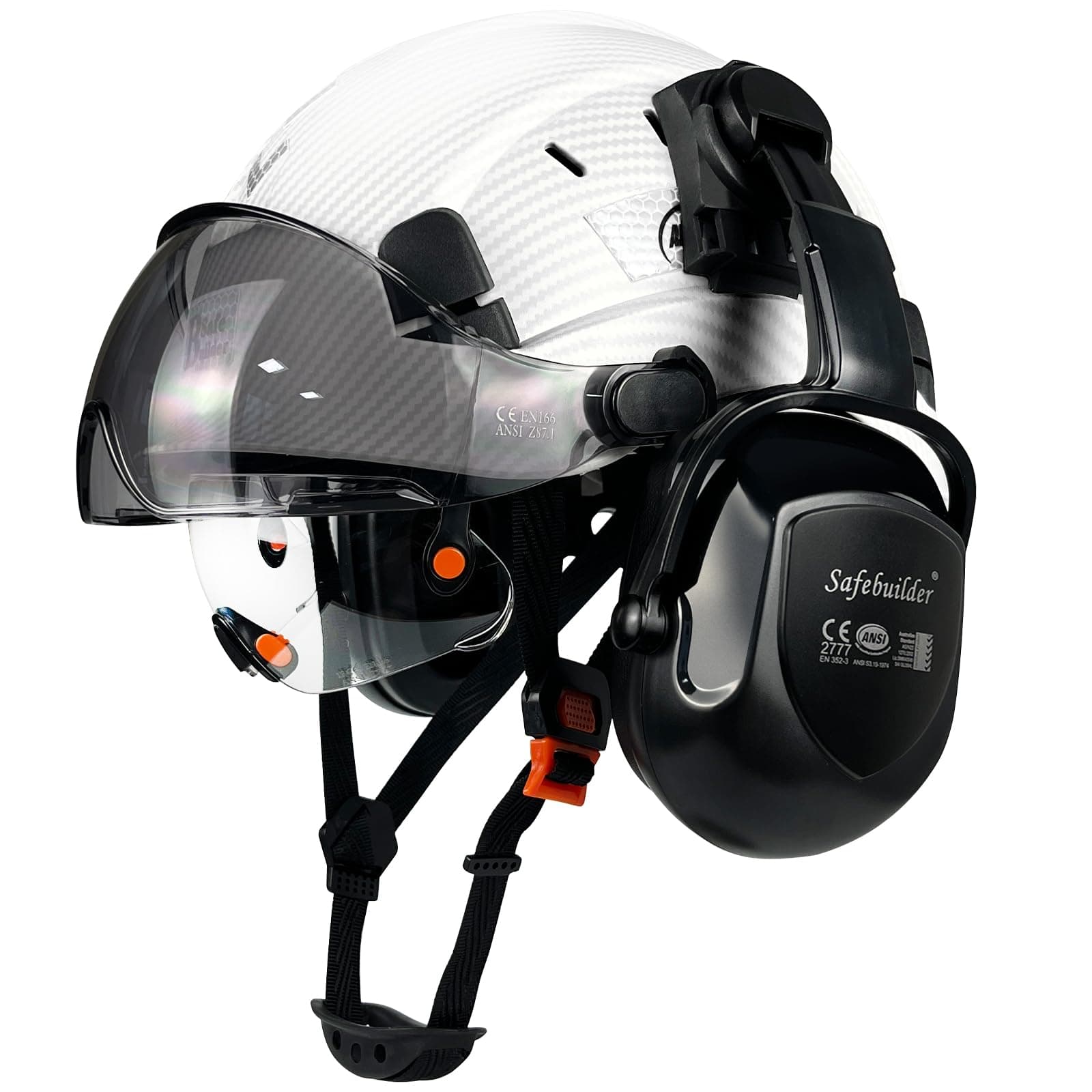 Safety Helmet With Visor Ear Muffs Work at Hight Carbon Fiber Abs Hard Hat For Industrial Construction Head Protection ANSI Z89.1 Approved(01-Matte White+Clear&Tinted Visors+B07E Earmuffs)