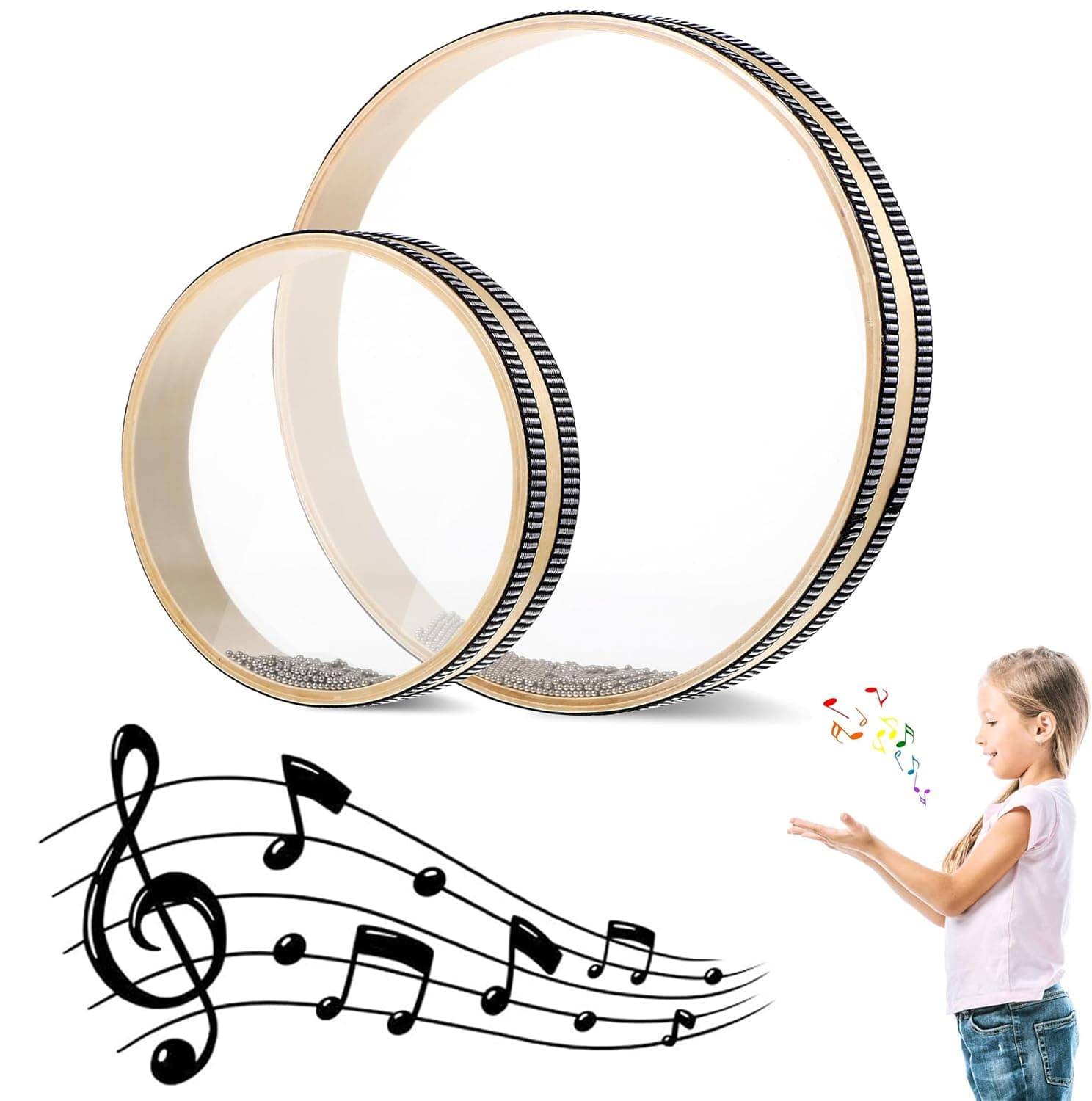 QUEENADA 2 Pcs Sea Wave Sound Drum - Wave Bead Hand Percussion With Hardwood Shell, Ocean Sound Musical Instrument for Home School Supplies (8 Inch, 10 Inch)