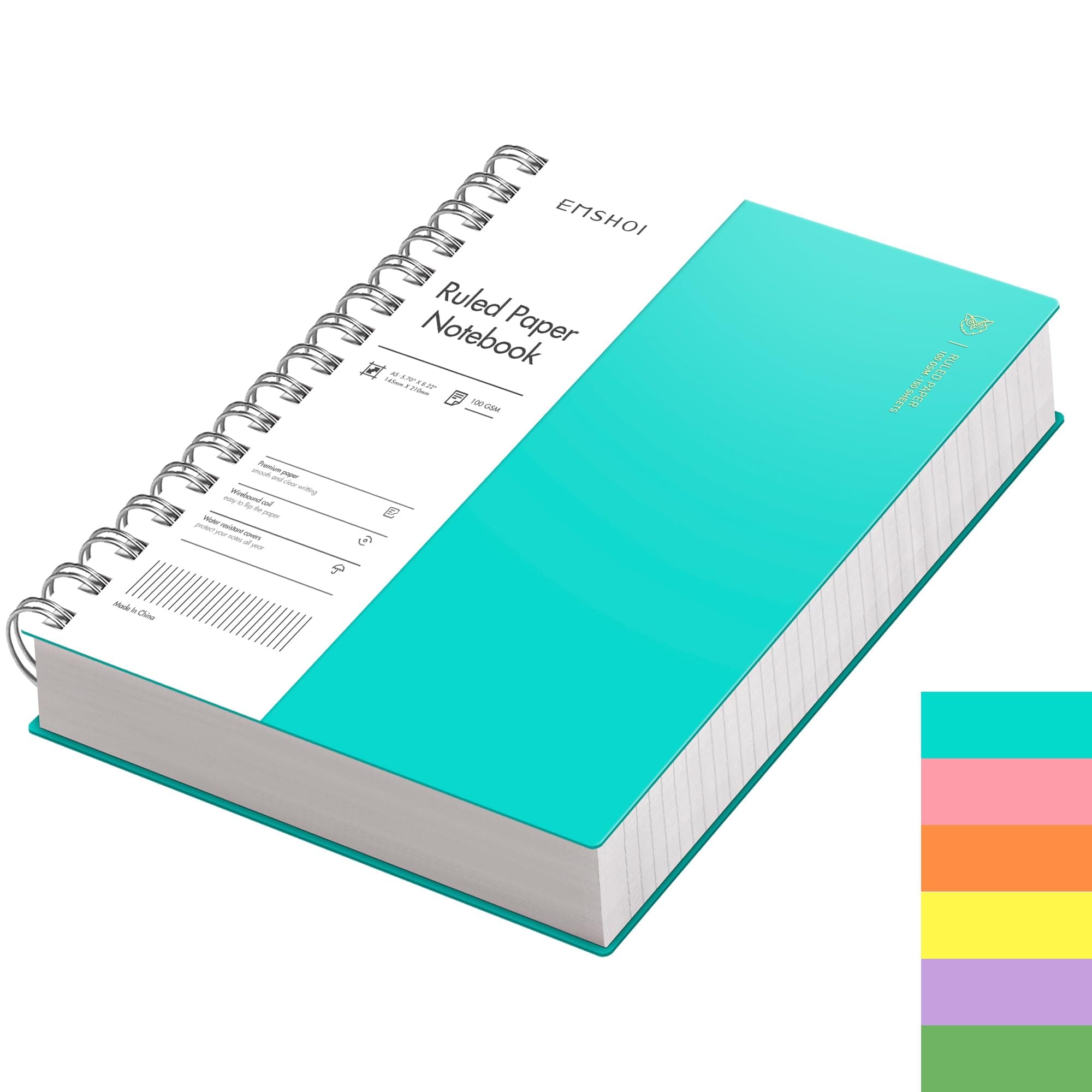 EMSHOI A5 Notebook Lined 300 Pages/150 Sheets, Wirebound Spiral Notepad, 100gsm Thick Paper, Waterproof Hardcover, Writing Journal for Women Men Work Office School, 14.5 x 21cm, LightBlue