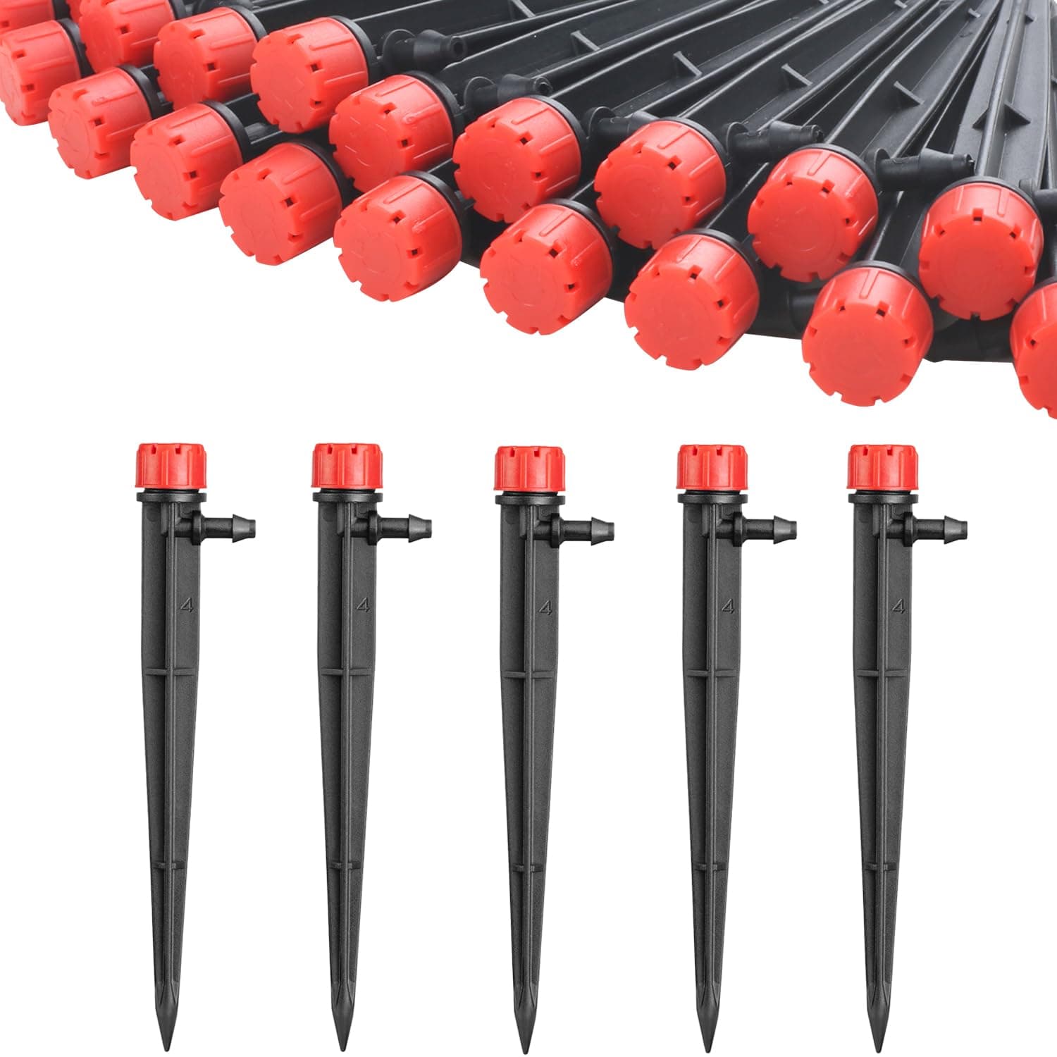 50pcs Drip Emitters for 1/4" Drip Irrigation Tubing, Adjustable 360 Degree Water Flow Drippers on 5" Arrow Stake, Garden Irrigation Drippers for (4-7mm) Watering System