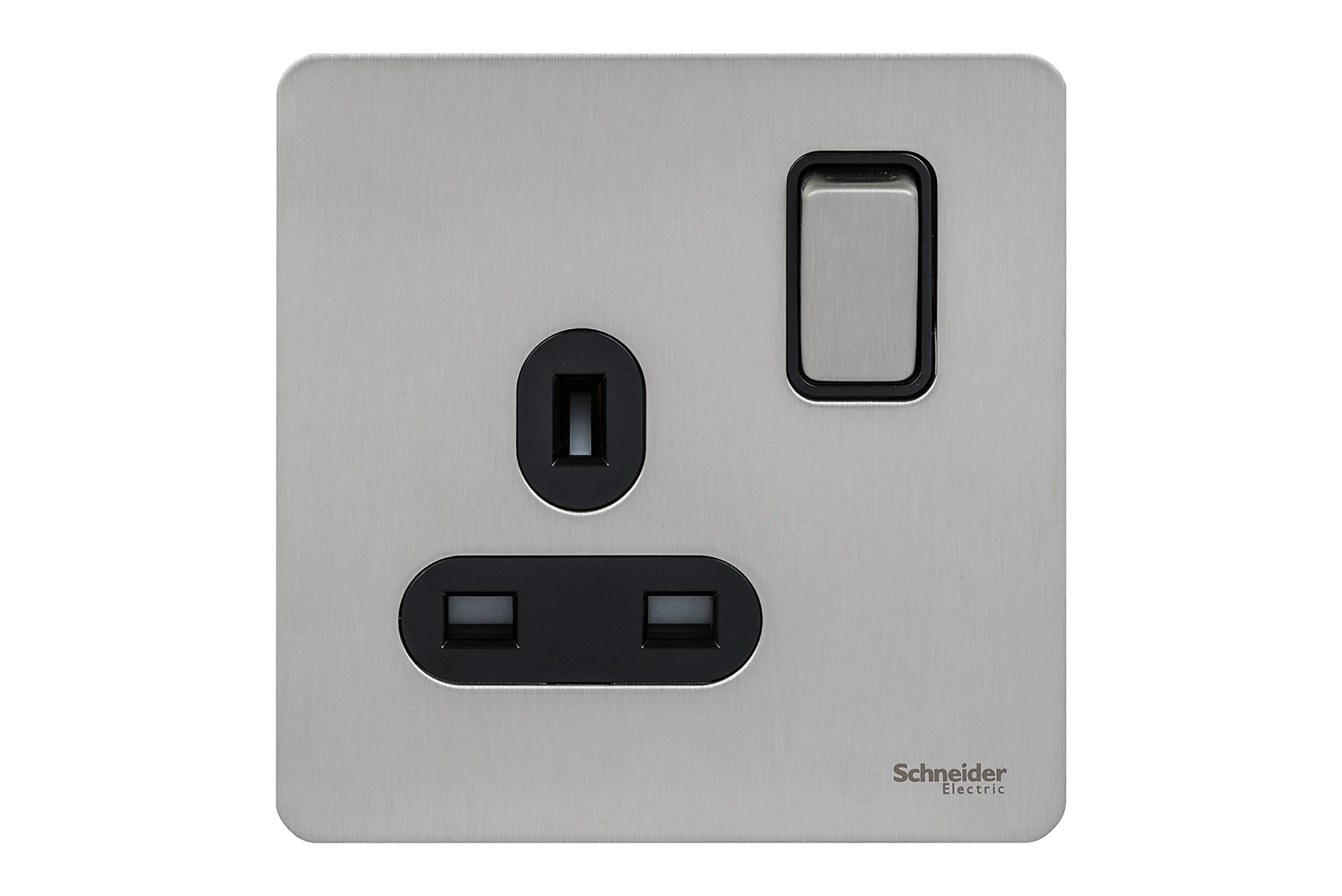 Schneider Electric Ultimate Screwless Flat Plate - Switched Single Power Socket, 13A, GU3410BSS, Stainless Steel with Black Insert