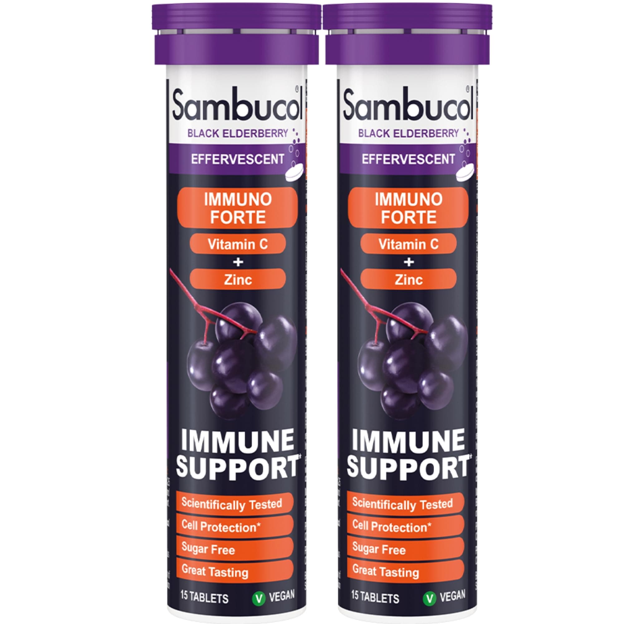 Sambucol Immuno Forte Effervescent Tablets 2-Pack - Natural Black Elderberry, Vitamin C, Zinc - Immune System Booster - 30 Tablets Total