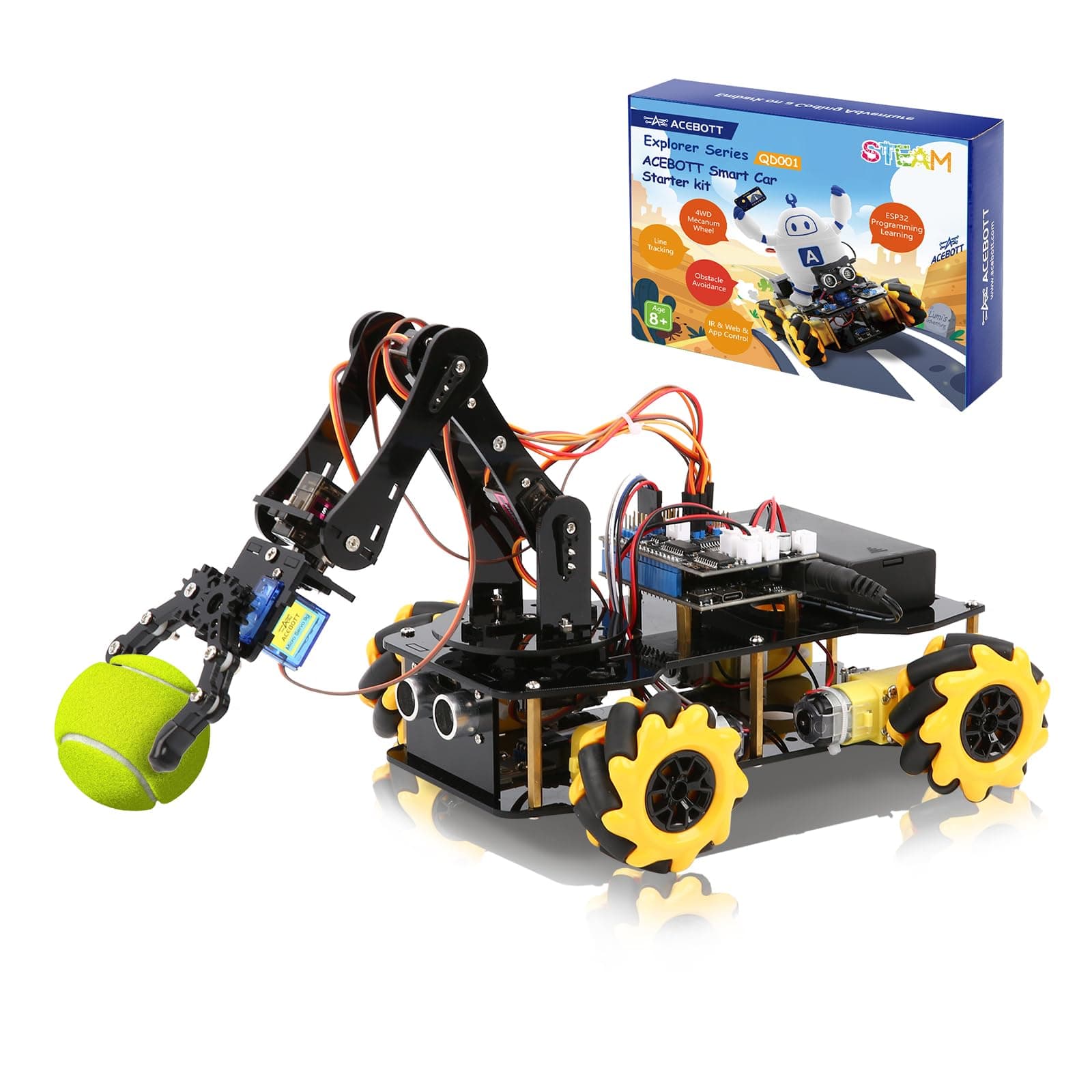 5DOF Smart Robot Arm Car Kit, 4WD Remote Control Car Compatible with Arduino/Python/Blockly Programming Project/STEM Education/Science Coding Kit for 12+ Teens and Adults Unique Gifts