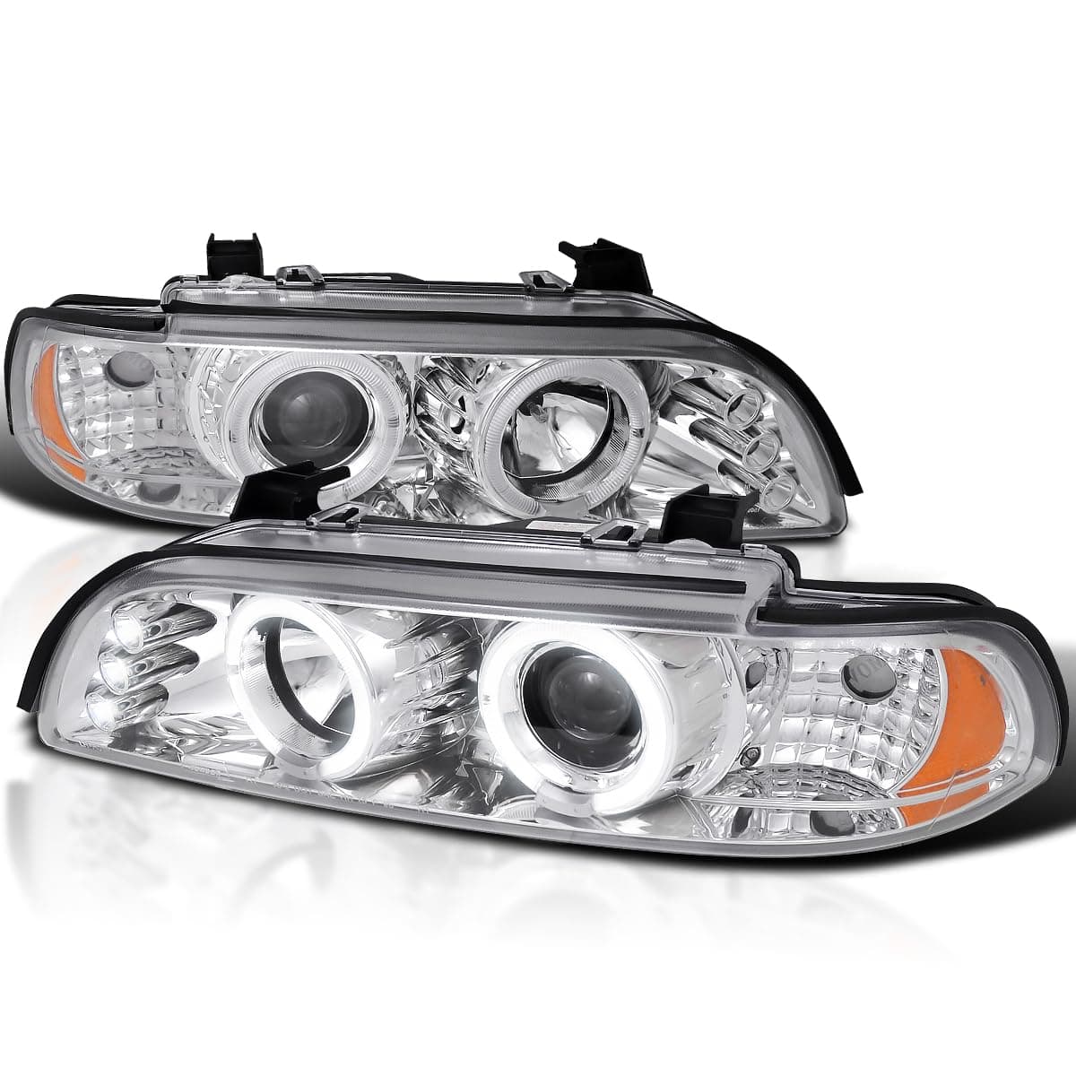 SPEC-D TUNING Chrome LED Dual Angel Eyes Projector Headlights Compatible with 1996-2003 BMW E39 5-Series Models Without OE Xenon Headlights, Left + Right Pair Headlamps Assembly