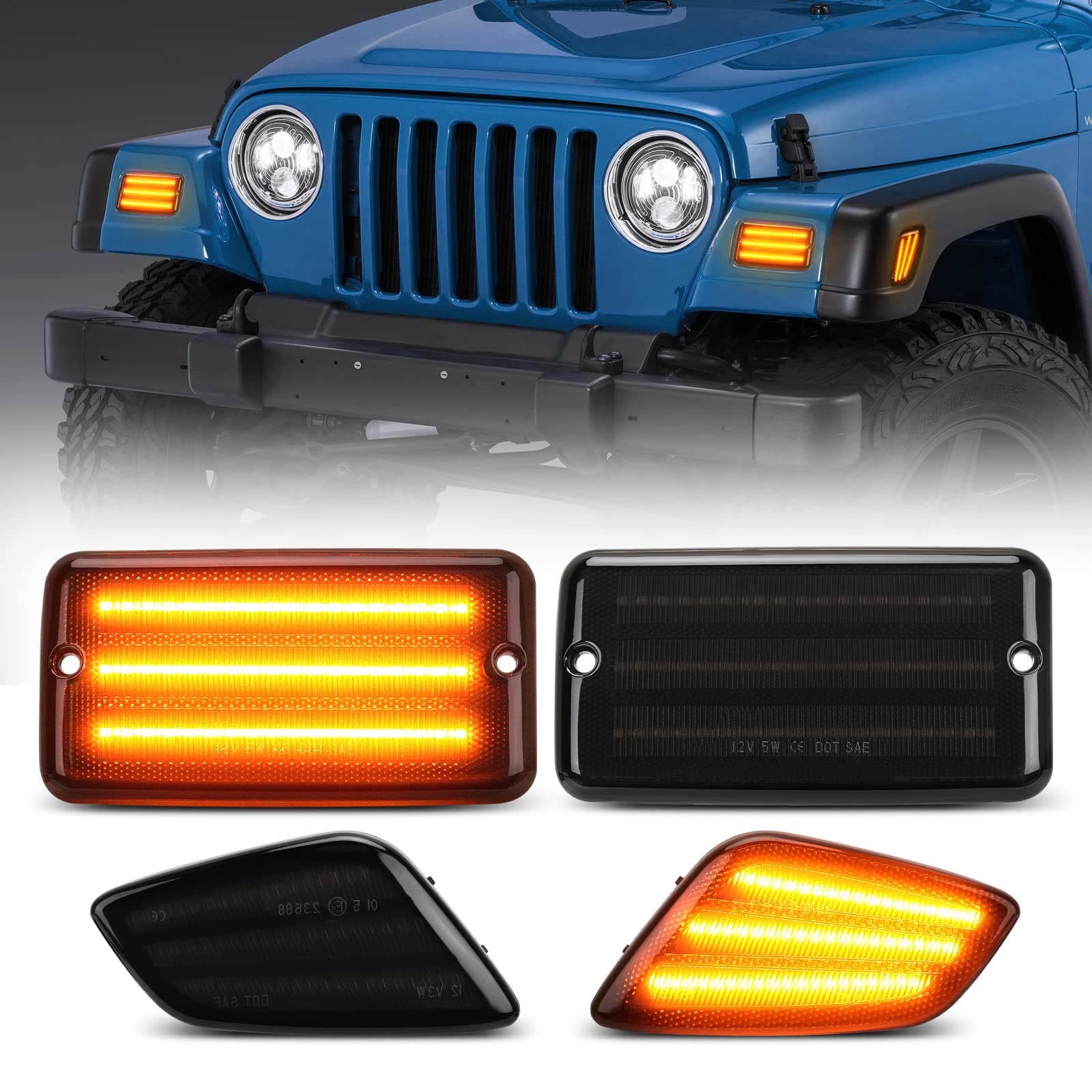 Led Front Turn Signal Lights and Led Side Marker Lights fit for Jeep Wrangler TJ 1997-2006, Amber Parking Light DRL and Amber Turn Signal, Smoked Lens 4PCS