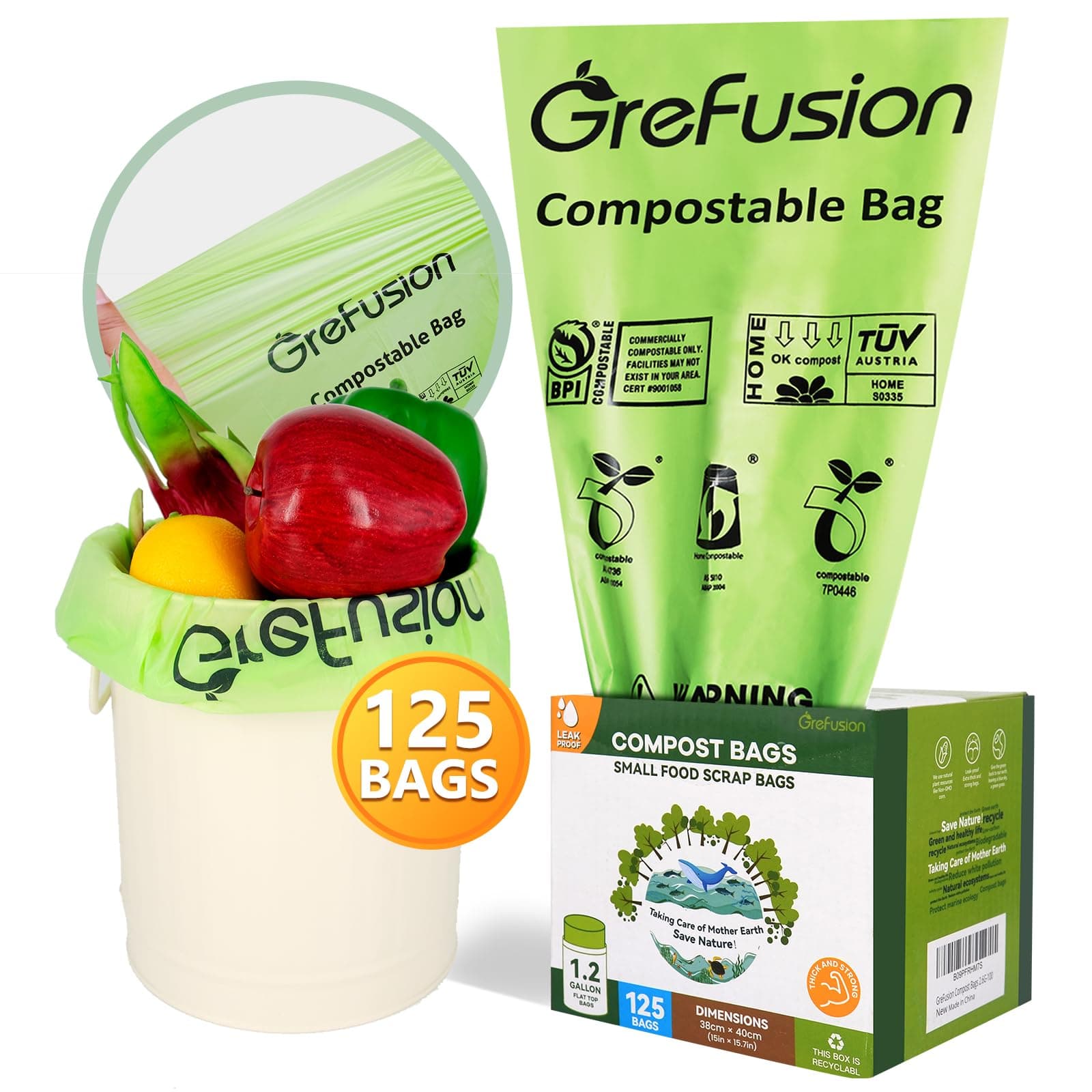GreFusion Compostable Trash Bags 1.2 Gallons,125 Total Count Small Garbage Bag,Mini Sturdy Kitchen Food Scrap Waste Bags, Small Trash Bags for Home Office Kitchen US BPI & Europe OK Compost Home