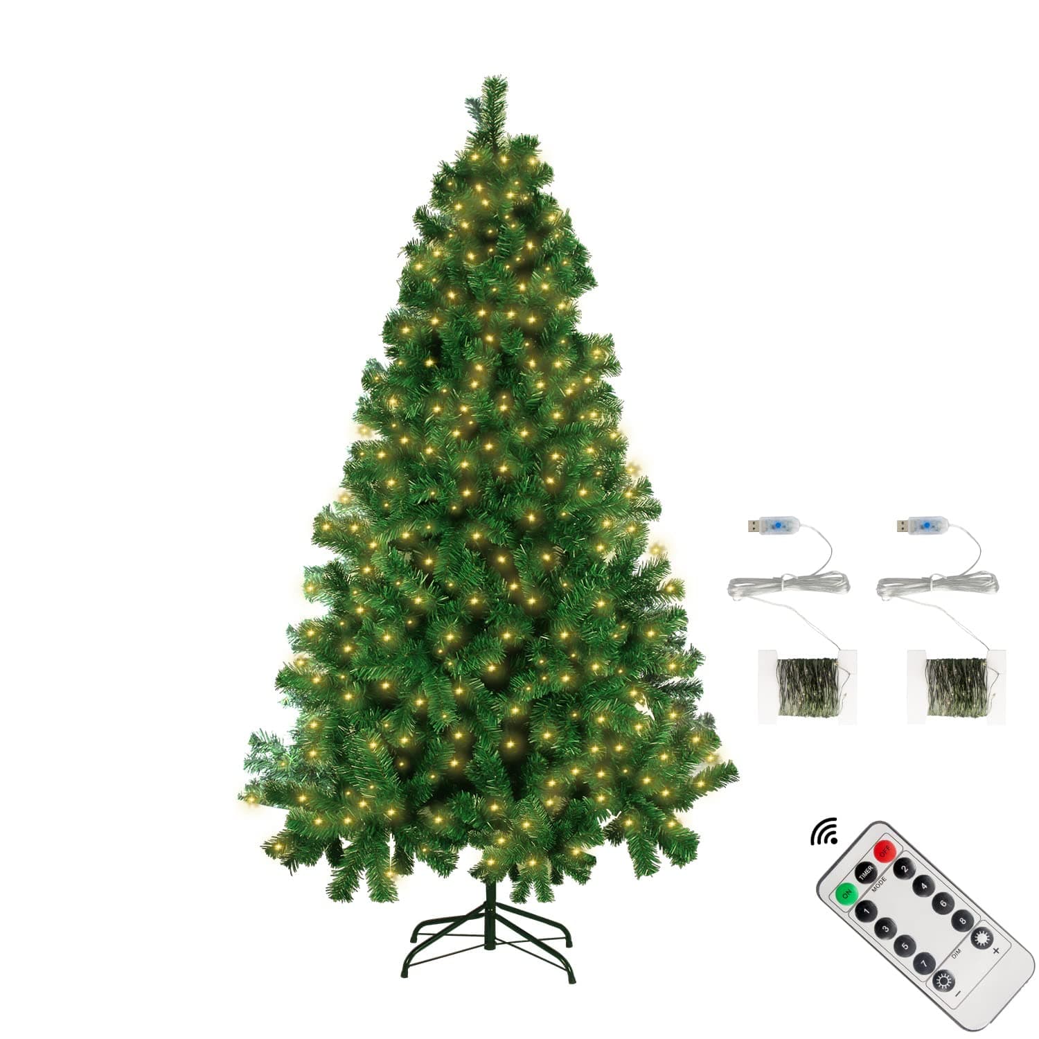 6Ft Artificial Christmas Tree with USB String Lights & Remote & Timer, 240 LED 8 Lighting Modes 850 Branches Tips Metal Base Stand- Detachable Fake Christmas Tree Holiday Christmas Party Decorations